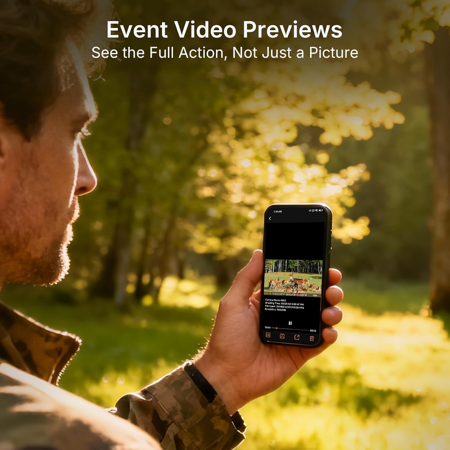 ماڻهو viewing event video preview on a smartphone in a forest setting.
