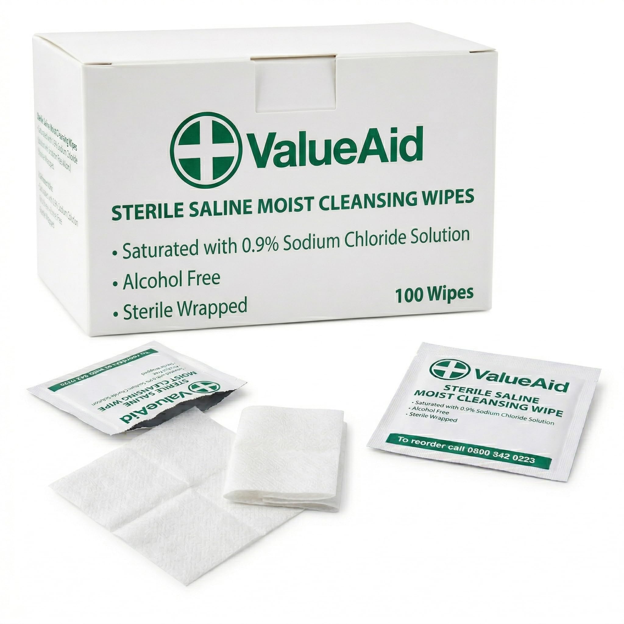 Value Aid Sterile Saline Moist Cleansing Wipes Box of 100 - Alcohol Free 0.9% Sodium Chloride Skin Cleaning Wipes - Individually Wrapped First Aid Wipes 80 x 80mm Sachets