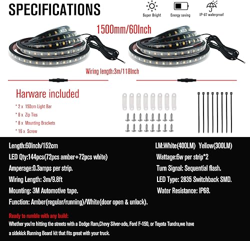 Miniatura 7 de 2 tiras de luces LED para camión de 59 pulgadas, luz blanca para estriboluz de bienvenida, luz de señal de giro ámbar 3 en 1, luces de marcador