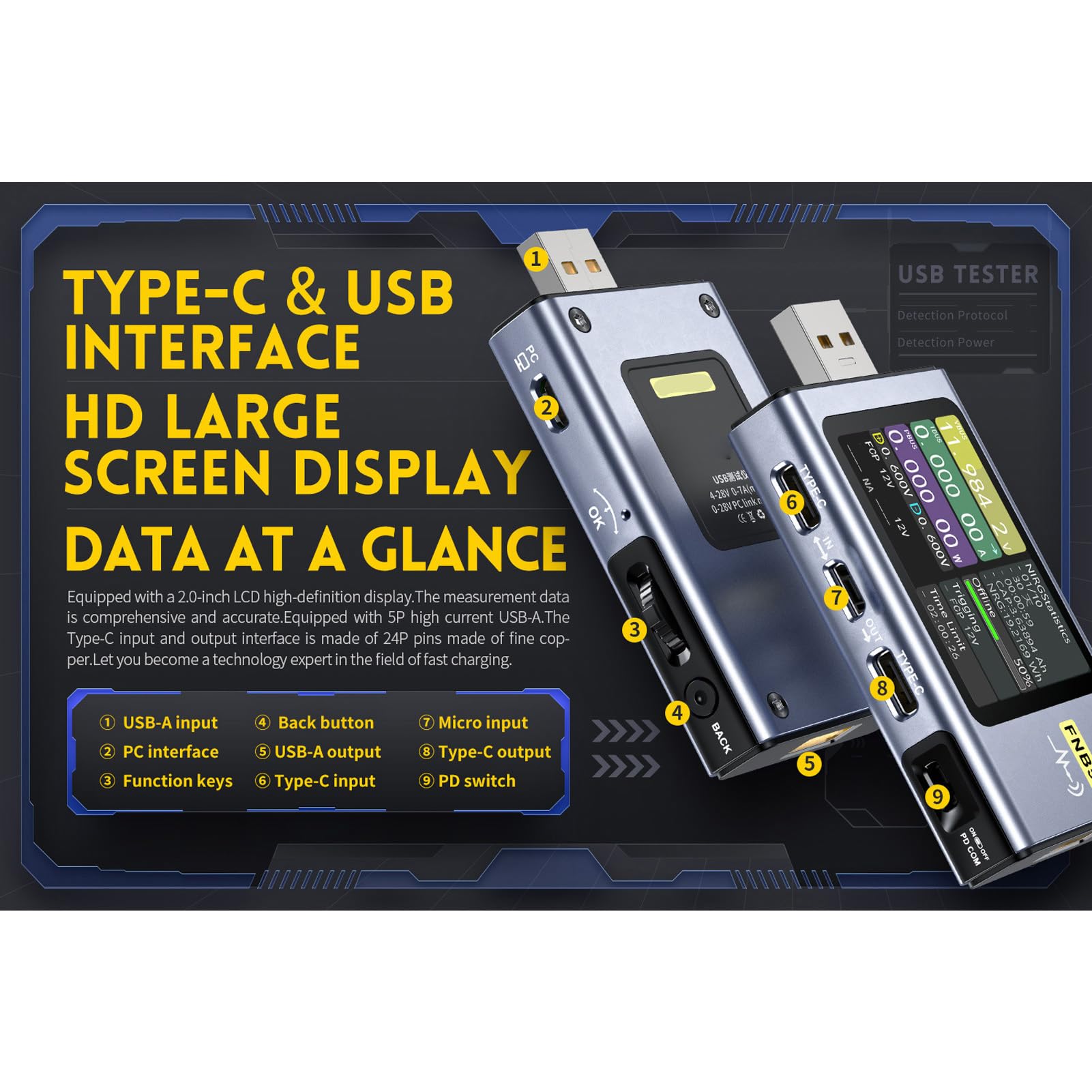 FNB58 Bluetooth USB Power Multimetr Napięcie Prąd Moc Woltomierz Amperomierz Tester Obciążenia Miernik 4-28 V 7 A Typ C Wyświetlacz LCD HD Szybkie ładowanie PD3.0 QC2.0 QC3.0