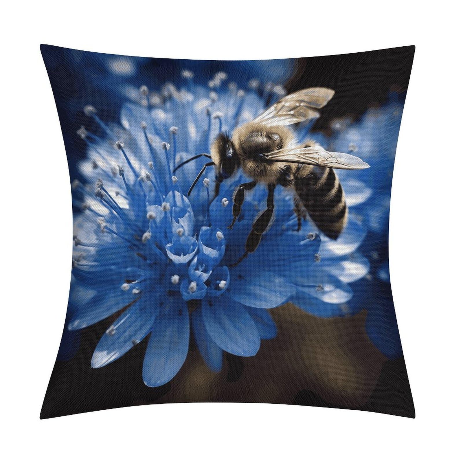 JTREHY Blue Flower Bee Throw Pillow Covers Farmhouse Pillow Cover Standard Pillow Shams Decorative Square Pillowcases Soft Pillow Cases Wrinkle Fade Resistant for Couch Home 18x18 Inch