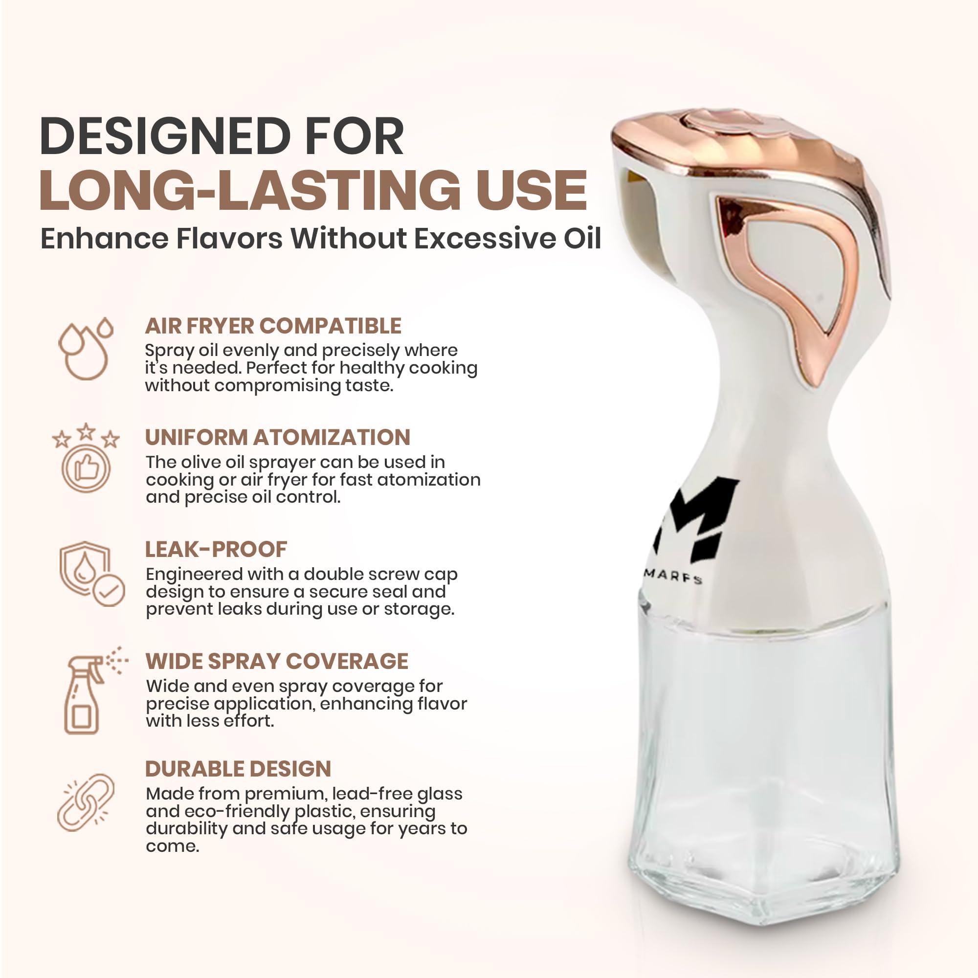 Marfs Premium Glass Oil Sprayer for Cooking – Refillable Cooking Spray Bottle for Air Fryer, BBQ, Grilling, Baking – Olive Oil Dispenser for Kitchen – Kitchen Accessories (White and Gold)