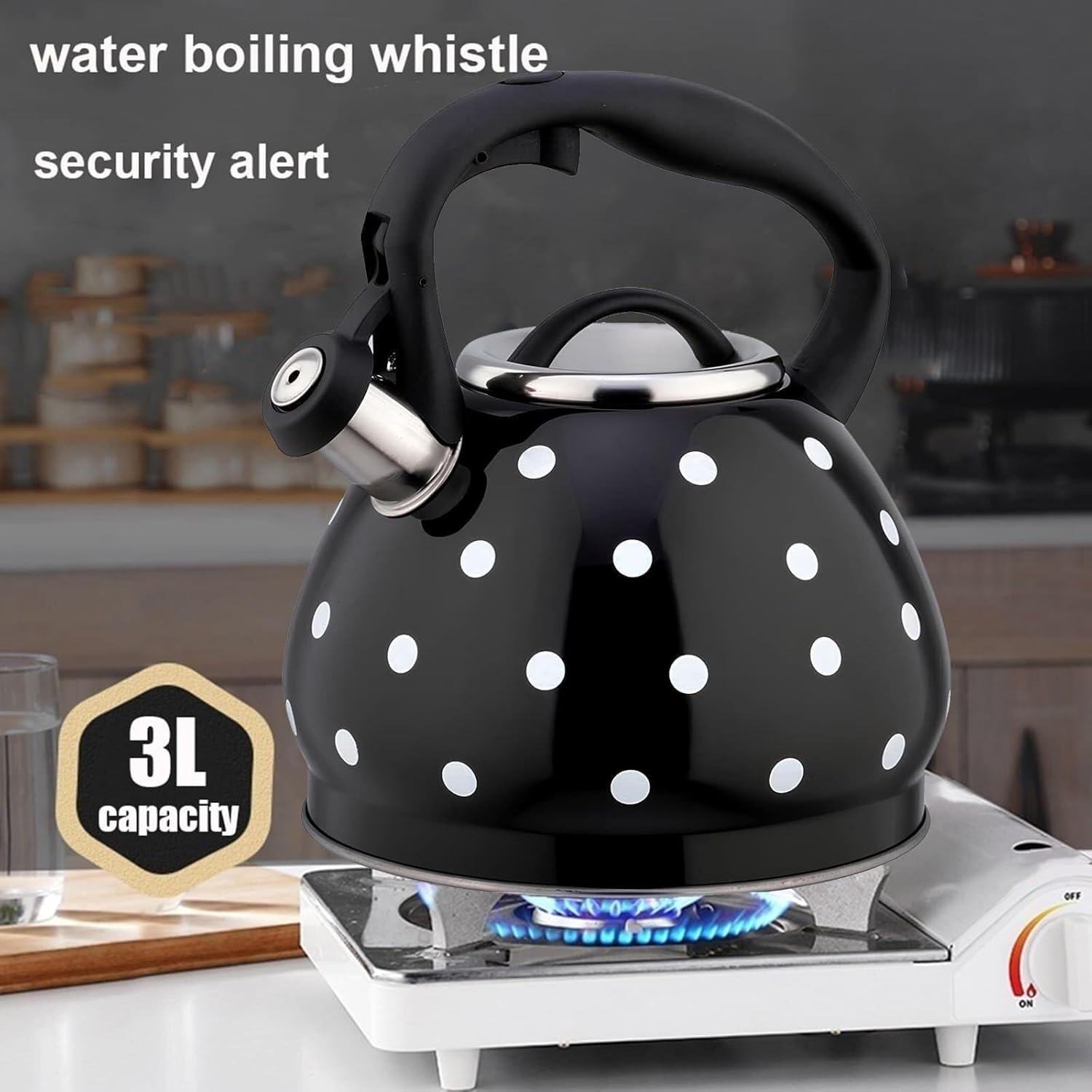 Polka Dot Tea Kettle Stovetop, 3.2 Quart Whistling Tea Pot, Classic Teapot, 304 Stainless Steel Teakettle with Cool Grip for Stovetop Black and White Tea Kettle