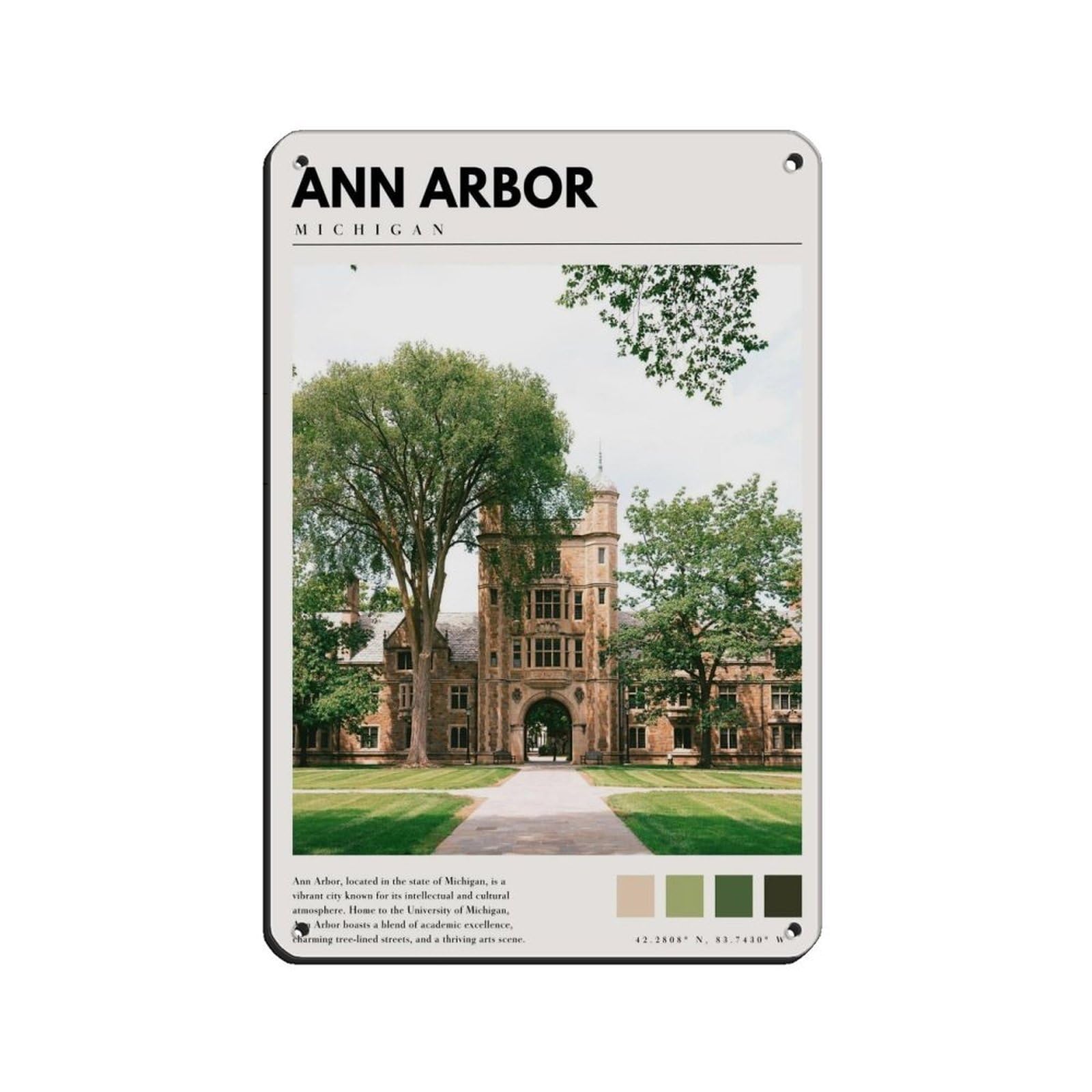Ann Arbor Michigan Poster Retro Poster Metal Tin Sign Chic Art Retro Iron Painting Bar People Cave Cafe Family Garage Poster Wall Decoration 8x12inch(20x30cm)