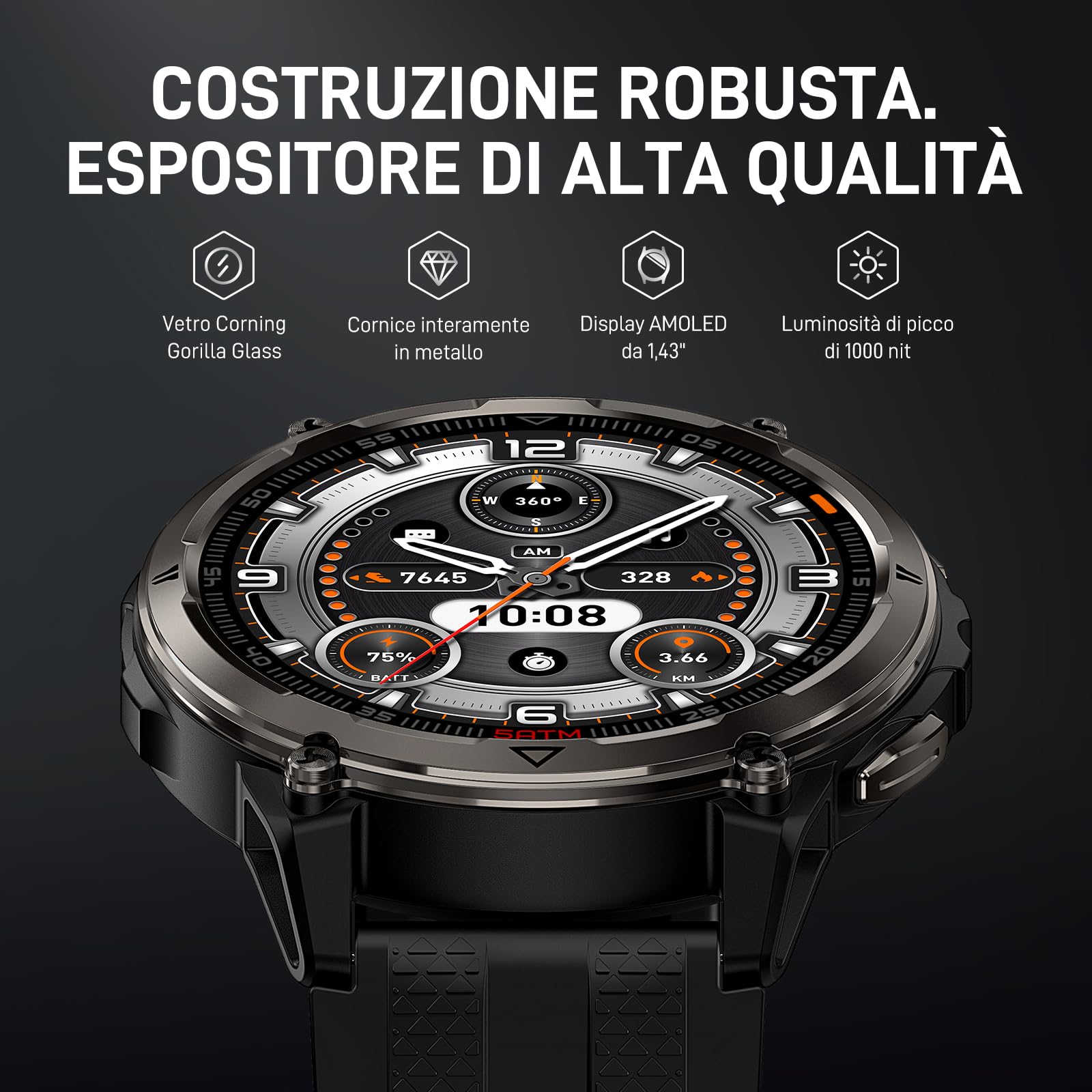 KOSPET ORB 2 Smartwatch uomo Rugged, GPS Dual-band, Impermeabile IP69&5ATM | Batteria da 500mAh, Torcia LED Integrata, 170+ Modalità Sportive, Monitor della Salute, Compatibile con Android & iPhone Nero