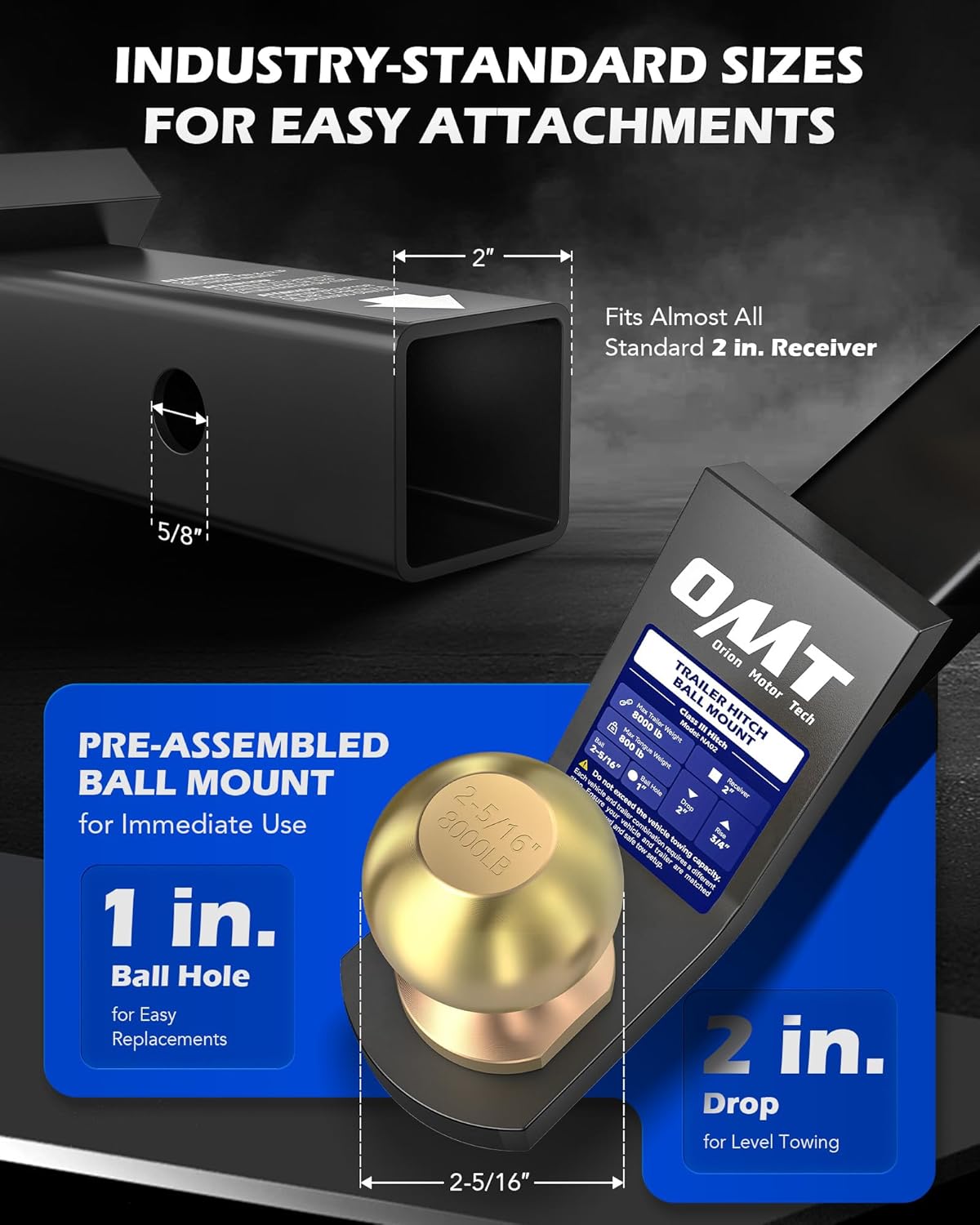 Orion Motor Tech Trailer Hitch Ball Mount, for 2" Receiver with 2-5/16" Ball 2" Drop 8000 lb. Towing Capacity, Heavy-Duty Tow Hitch Reversible Ball Hitch for Truck Boat RV Cargo with Hitch Pin & Clip