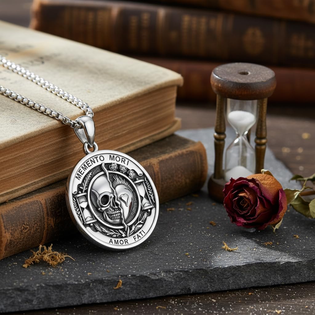 SIMONLY Memento Mori Necklace for Men 925 Sterling Silver Memento Mori Pendant Gothic Skull Pendant Amulet Protection Jewelry Gifts