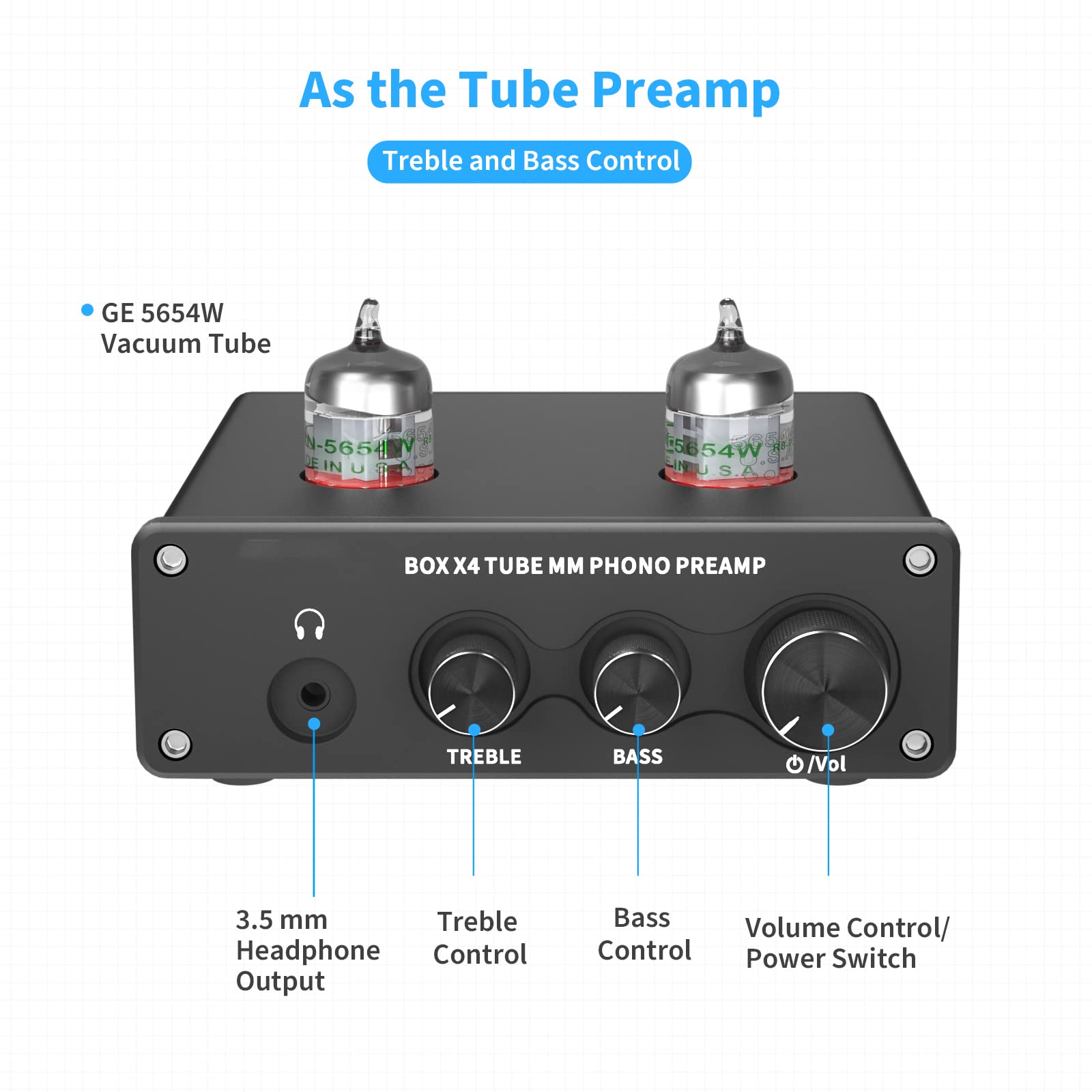 KEhtu Preamplificador De Fono, Preamplificador De Fonógrafo De Tocadiscos con Amplificador De Tubo De Vacío De 5654 W HiFi Box X4, Cuenta con Control De Volumen Y Control De Graves/Agudos