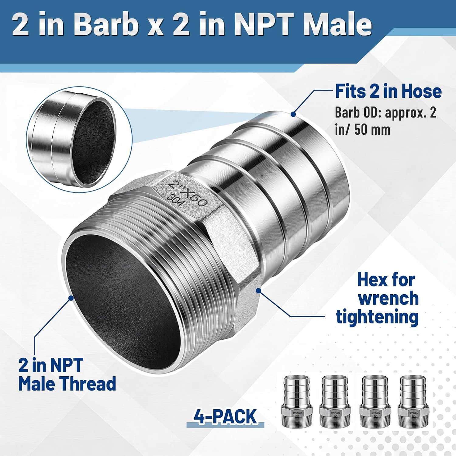 Cinnvoice 4 Pack 2" Hose Barb Fittings to 2" NPT Male, 304 Stainless Steel | Threaded Hose Barb Connectors for Pumps, Irrigation Lines & Pool Repairs, Clamp-ready Grip, Corrosion-resistant Pipe Adapter