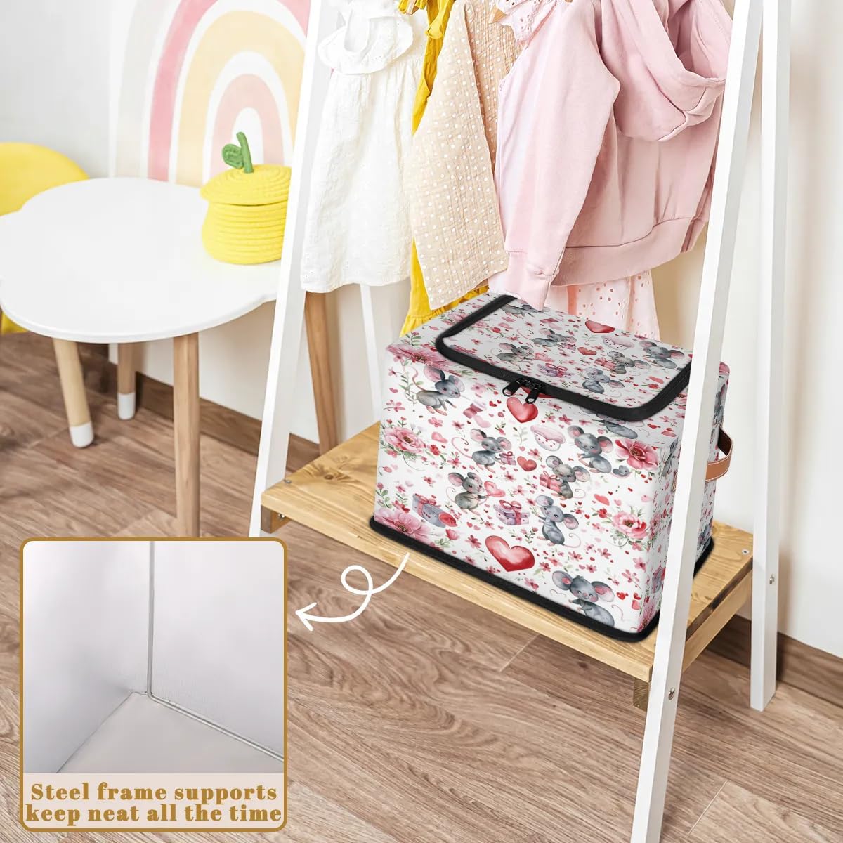 Cute Love Mouses Storage Box with Lid and Handles Foldable Cloth Storage Basket Bin Bags for Shelves Closet Shelf Toys Clothes Bed Sheets Organizer 2 Pack