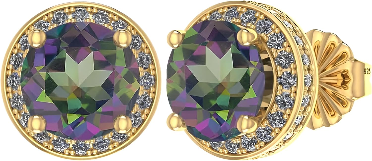 Round Halo Birthstone Stud Earrings 6.5mm Sterling Silver Pure Brilliance Zirconia & Simulated Gemstones