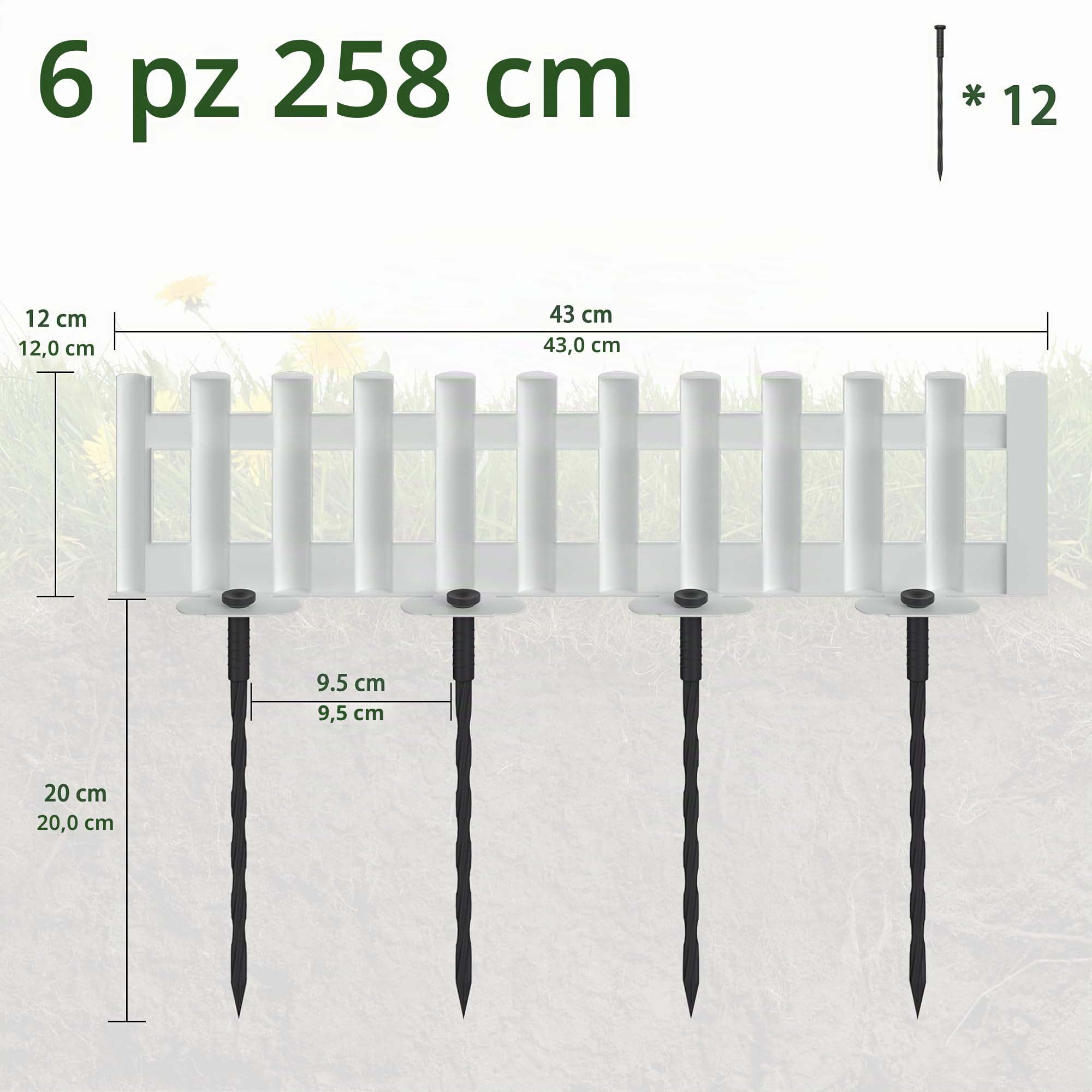 FIVMEN Bordo per prato in plastica 43x12 cm, recinzione per aiuola, delimitazione con chiodi a terra, recinzione flessibile per aiuola, recinto per giardino, 6 pezzi, bianco
