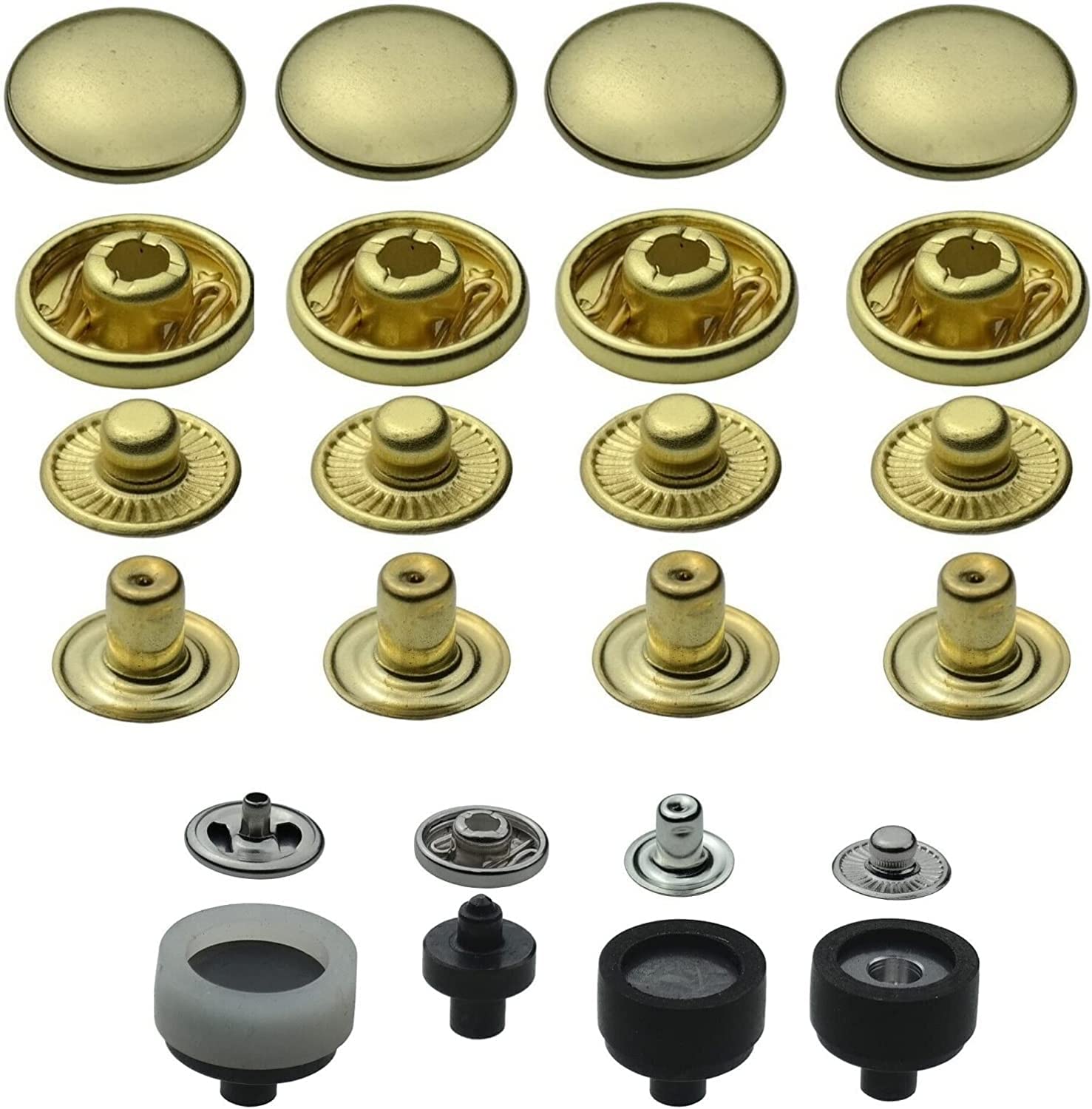 Botones de presión de resorte S de 15 mm + herramienta a juego compatible con pinzas Prym Vario, botones de metal, botones inoxidables, cierre de resorte en S (50 unidades)
