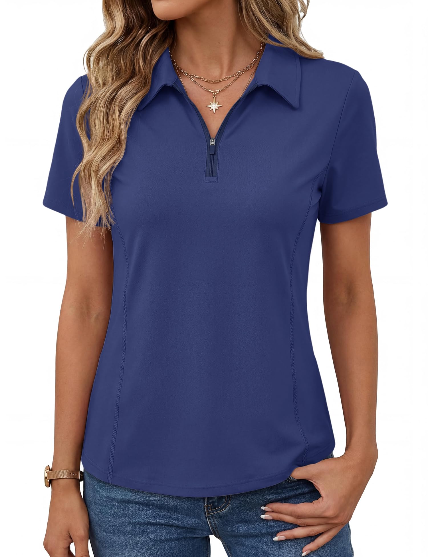 LOMON Womens Short Sleeve Athletic Polo Shirt High Performance Stretch Quarter Zip Top for Golf Tennis