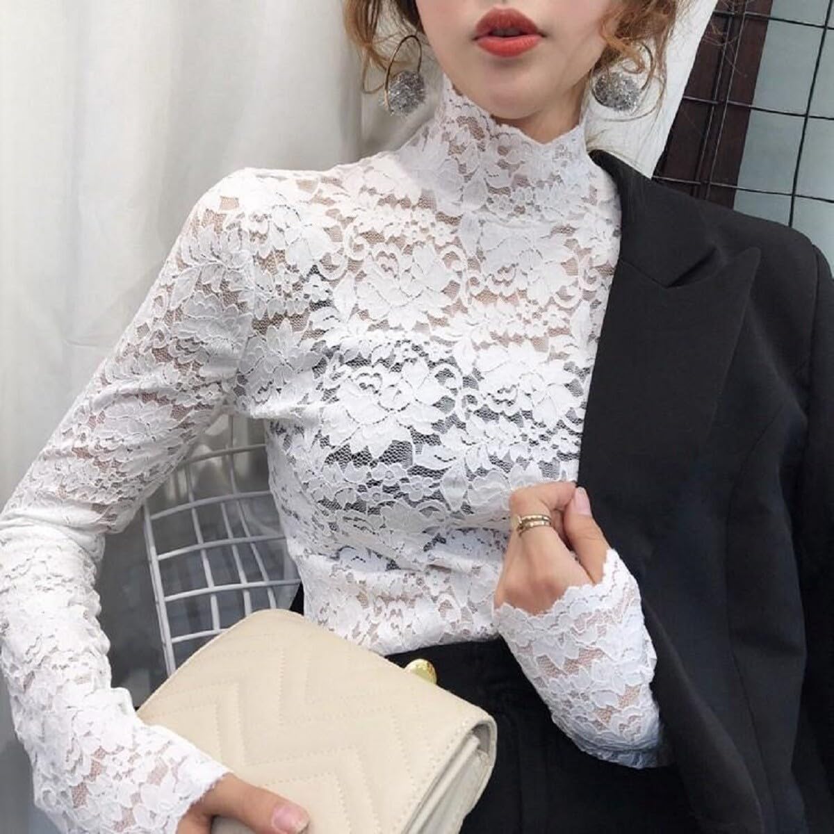Women's Floral Lace Top Long Sleeve Mock See Through Mesh Underwear Blouse Shirt S-L - Image 4