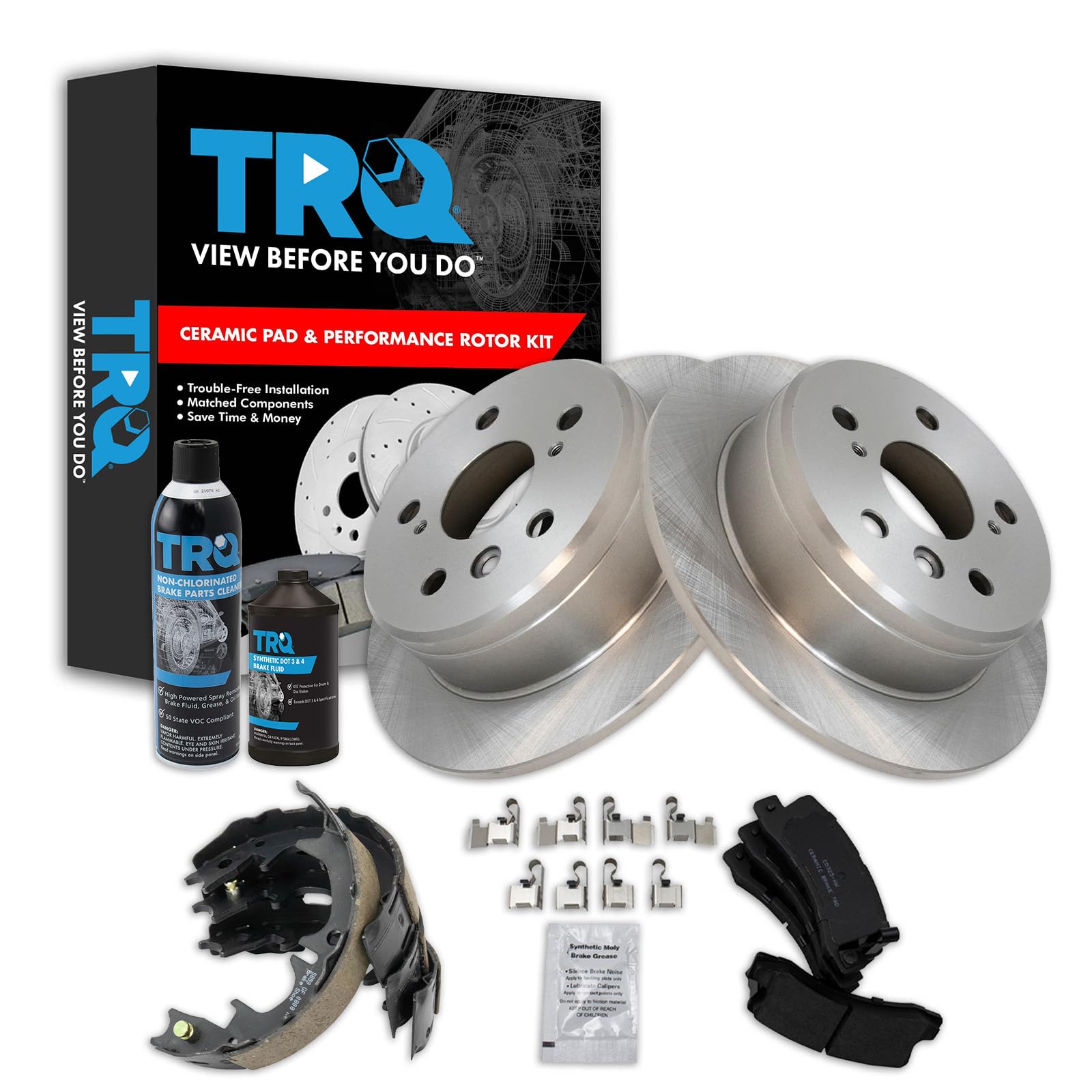 TRQ Rear Brake Pad &amp; Rotor Kit, with Chemical Kit Parking Brake Shoe Set Ceramic Compatible with 1997-1999 Lexus ES300 1992-1999 Toyota Camry 1999 Solara