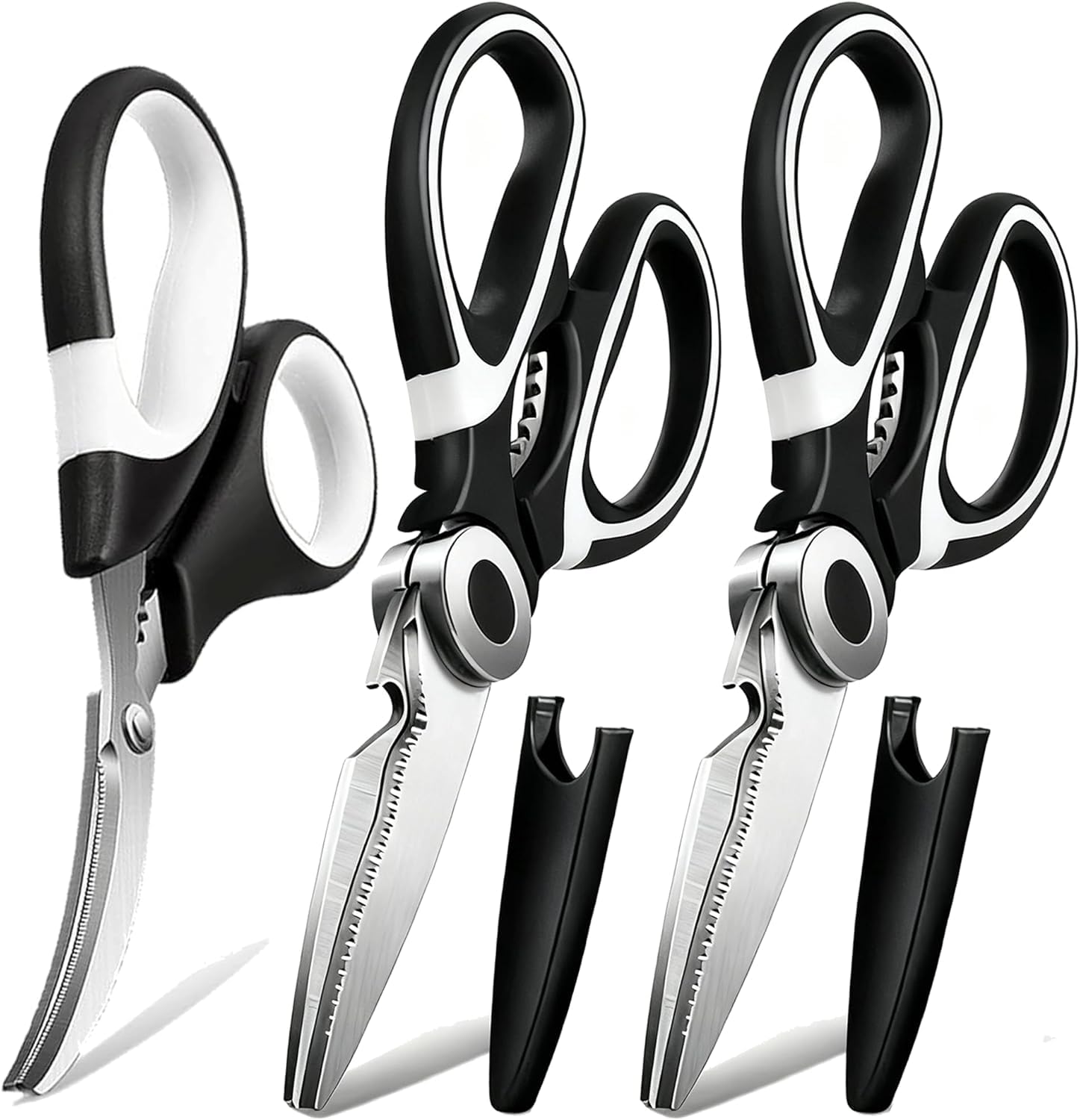 OMDAR Tijeras de cocina multiusos, 3 unidades, tijeras de cocina de acero inoxidable resistentes para cortar carne, alimentos, pescado, aves de corral, tijeras afiladas multiusos para lavavajillas