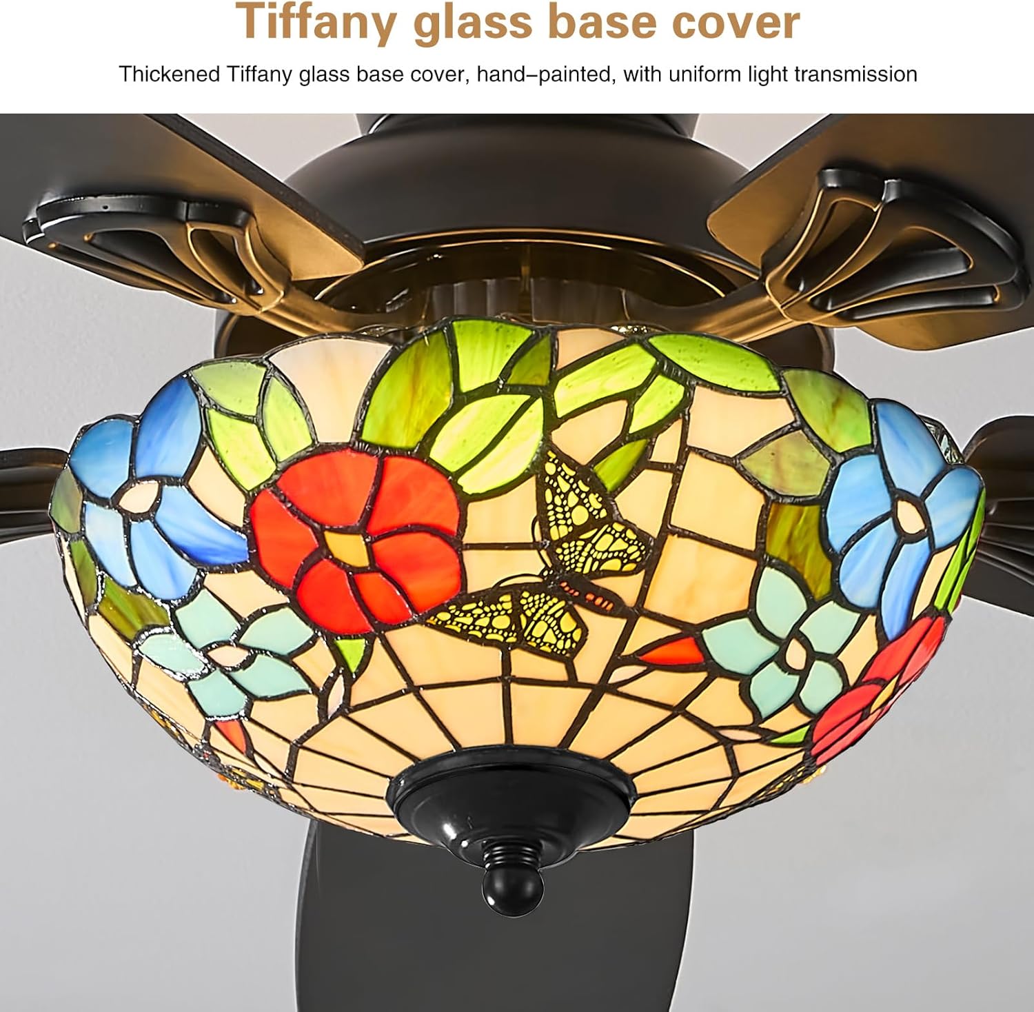 Tiffany Ceiling Fans with Lights - 48" Ceiling Fan Chandelier with 5 Dual-Blades and Glass Shade, 6 Speeds and Reversible, Indoor and Outdoor, Retro Style Tiffany-1