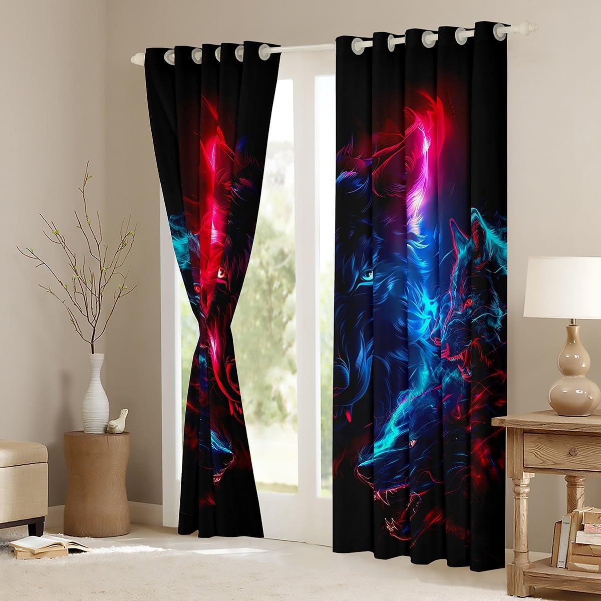 Feelyou Boys Girls Wolf Blackout Curtains Wolves Howling Window Curtains Kids Western Wild Animal Darkening Drapes Fire Teens Window Treatments Bedroom Decor (2 Panels, 42 x 84 Inch)