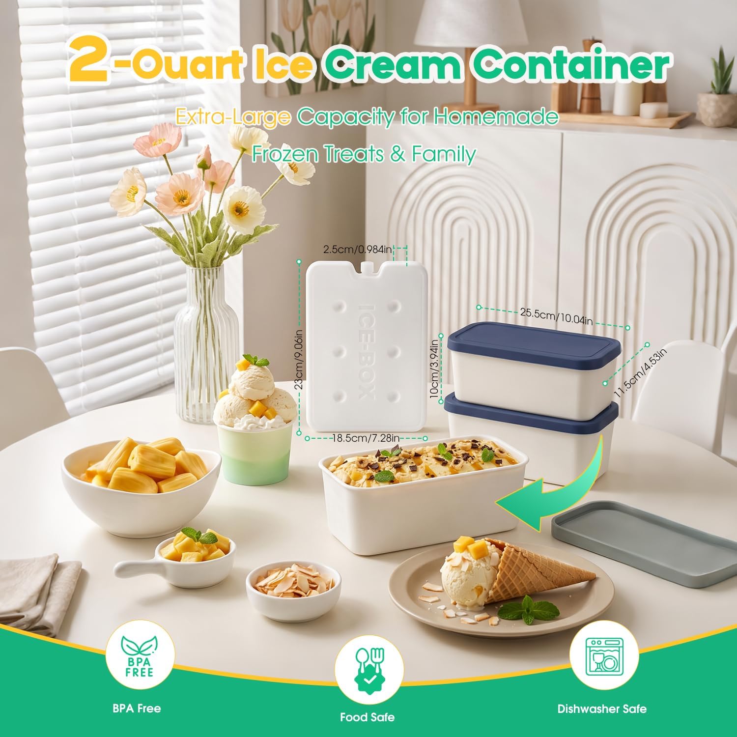 Ice Cream Containers with Lids - 2 Quart Ea. (Set Of 2) , Reusable Ice Cream Storage Containers for Homemade Ice Cream, Ice Cream Tub with Ice Box and Portable Insulated Bag for Camping & Travel