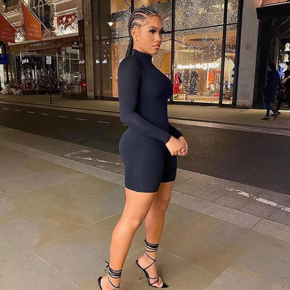 Femme Loisirs Sport Course Fitness One Piece Bodycon Short Combinaison Barboteuse Col Haut Sexy Collants - Noir - Taille L