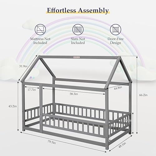Miniatura 2 de Cama de piso Montessori con rieles, marco de cama de piso con techo, cama de madera para niñas y niños, tamaño individual, gris