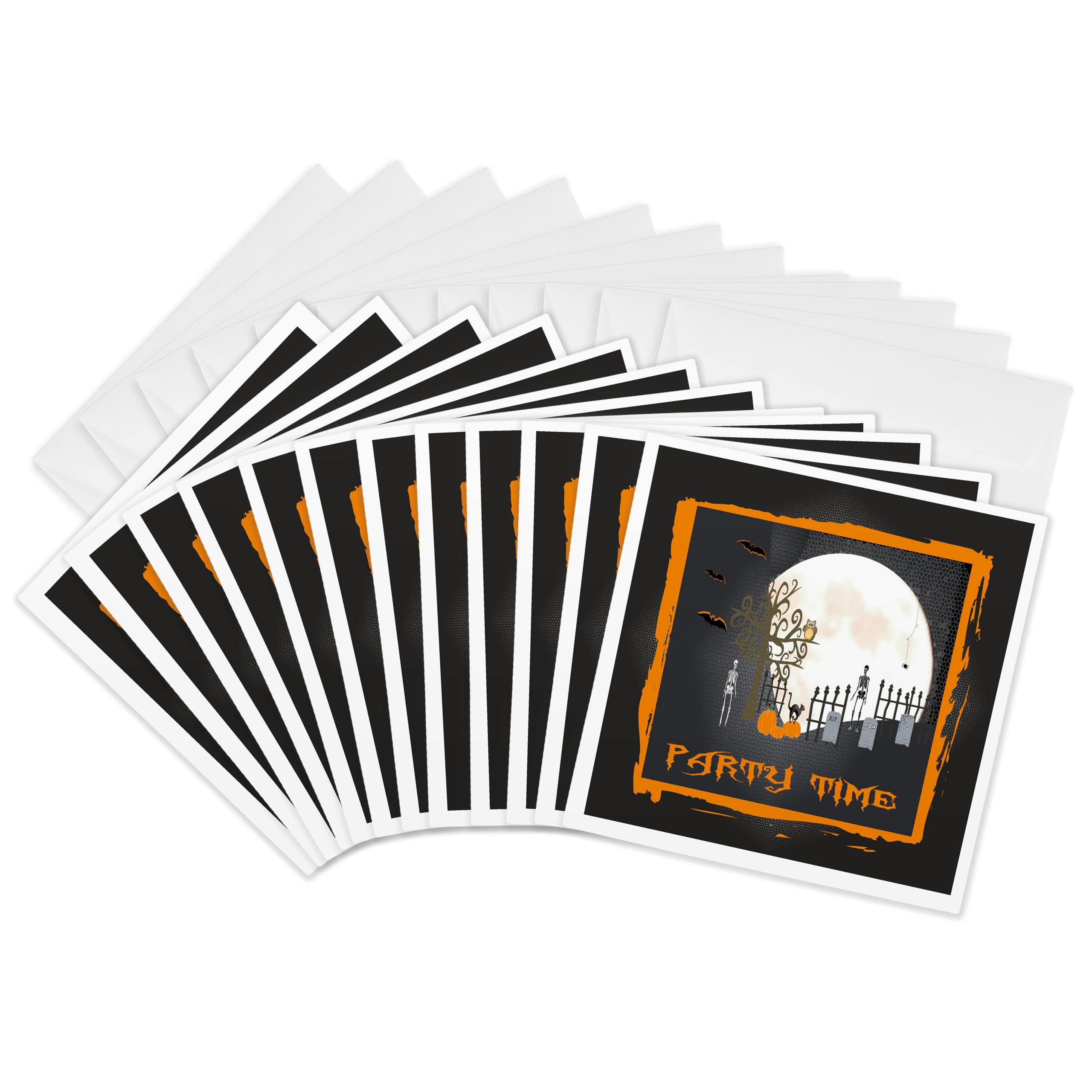 3dRose gc_195871_2 6 x 6-Inch"Spooky Graveyard, Party Time, Big Moon, Skeletons, Black Cat, Spider" Greeting Card (Set of 12)