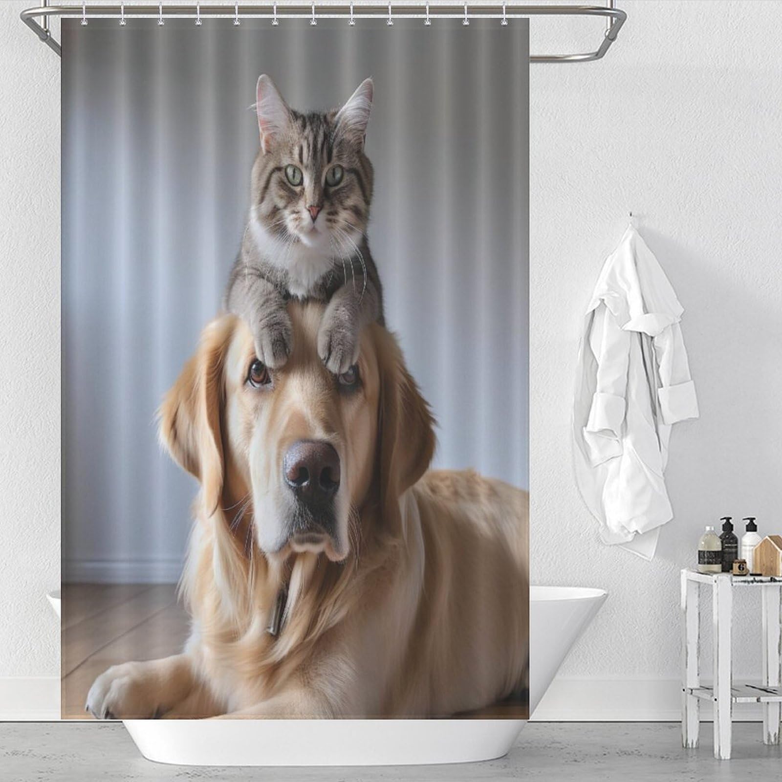 Rideau de douche chien mignon en polyester imperméable lavable 122x183 cm