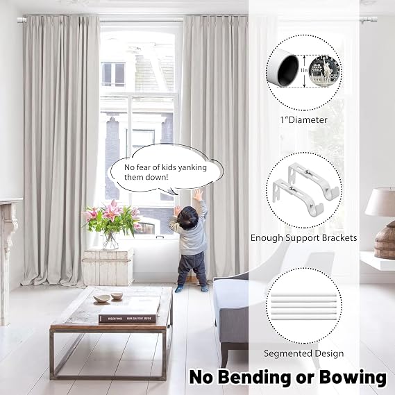 Curtain Rods for Windows 24 to 44 Inches, 1 Inch Short White Curtain Rod Set, Adjustable Heavy Duty Decorative Drapery Rods for Small Cafe Windows French Door