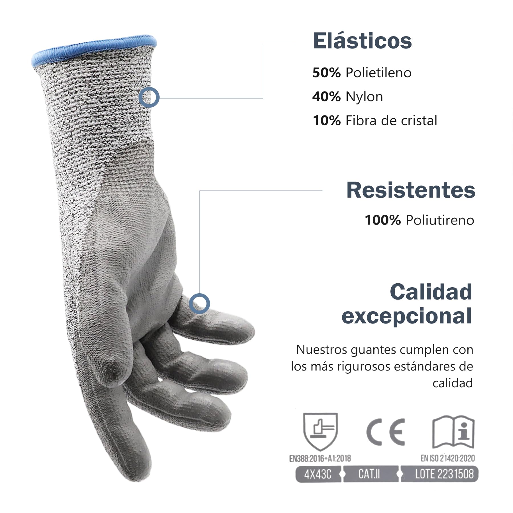Gants de protection, gants anti-coupures, résistants de niveau 4, bonne adhérence, fibre acrylique, enduit de Latex sur la paume, gants de travail, qualité industrielle, taille 7 (S)