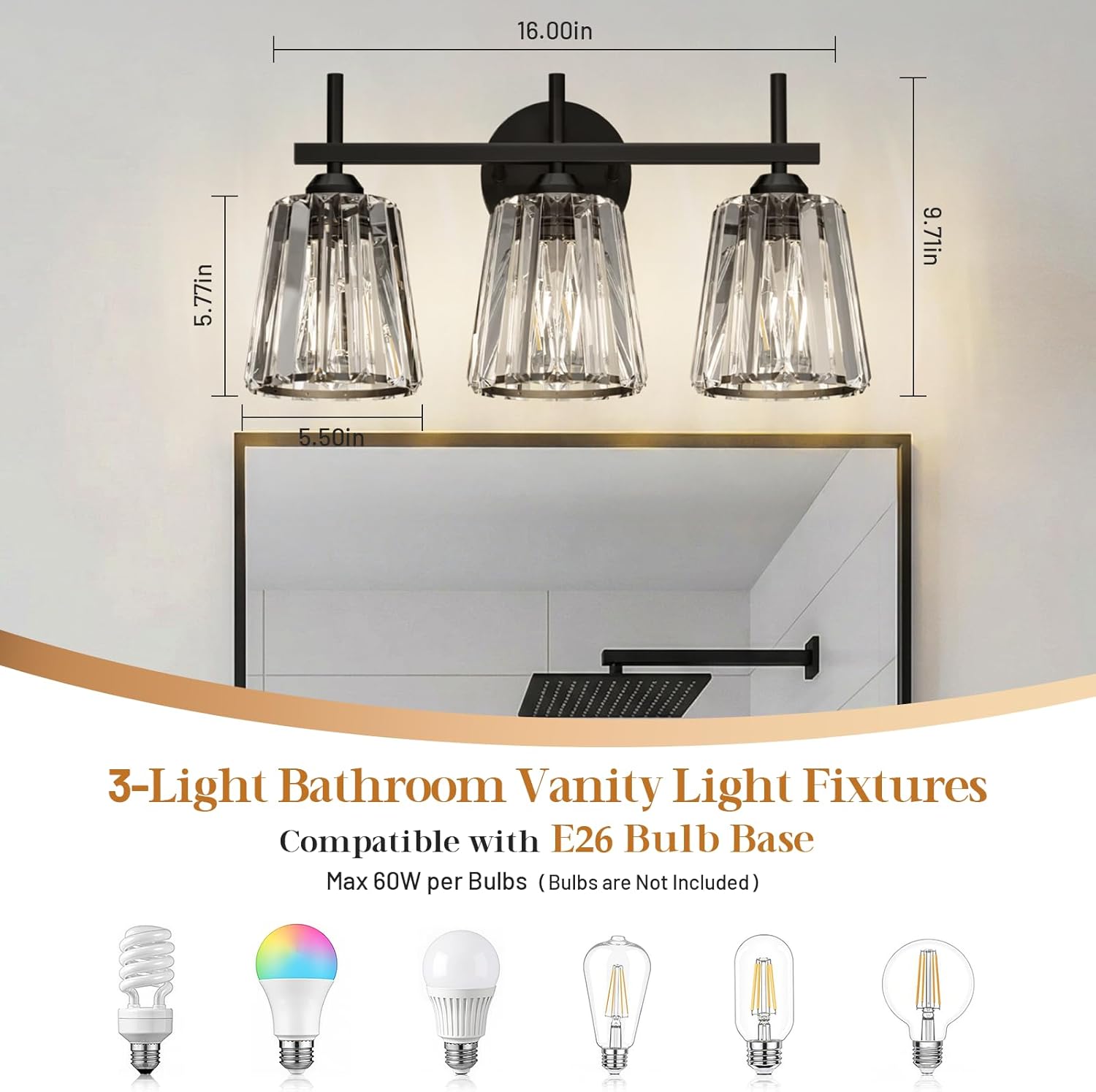 Crystal Bathroom Light Fixtures Over Mirror, Black 3-Light Bathroom Vanity Lights Over Mirror Modern Wall Lighting Sconces with Ceramic E26 Base (Bulbs Not Include) Black 3-Lights