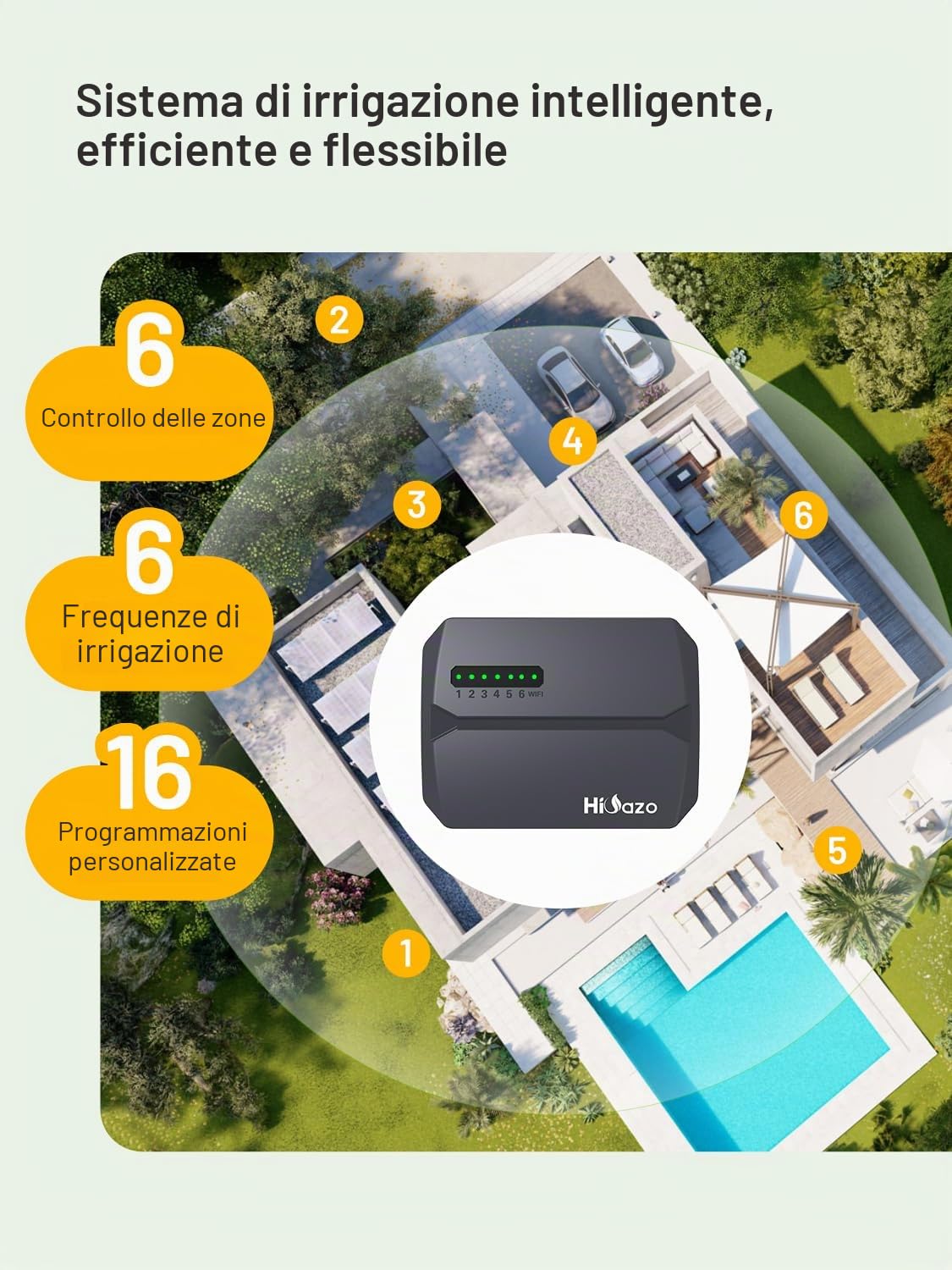 Centralina irrigazione WiFi 6 zone, 16 programmi di irrigazione, salti meteorologici intelligenti, calcolo dell'acqua, irrigazione manuale, centralina per irrigazione giardino, serra, HSC-600W