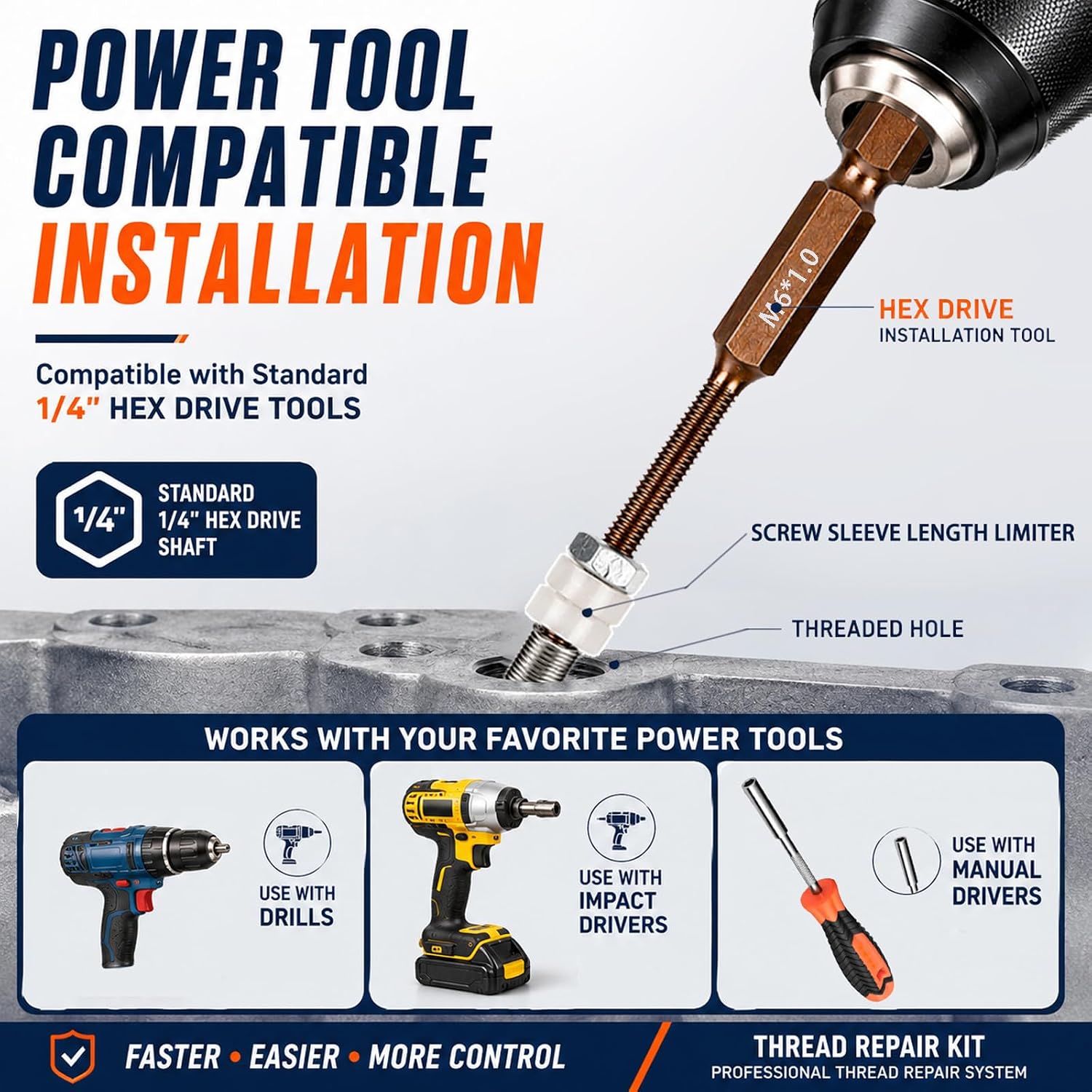 M6x1.0 Thread Repair Tool Compatible Power Drill with 10 Inserts
