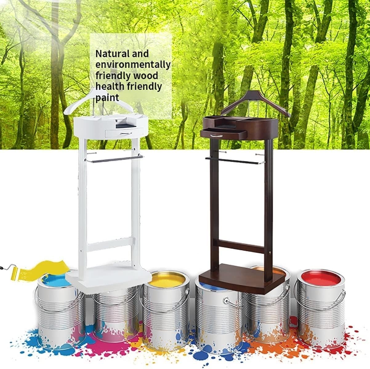 Freestanding Wood Suit Stand Valet Rack for Men & Women with Drawer, Top Tray, Contour Hanger - Ideal for Office, Living Room, Bedroom (43.1X34.2X106.6cm)