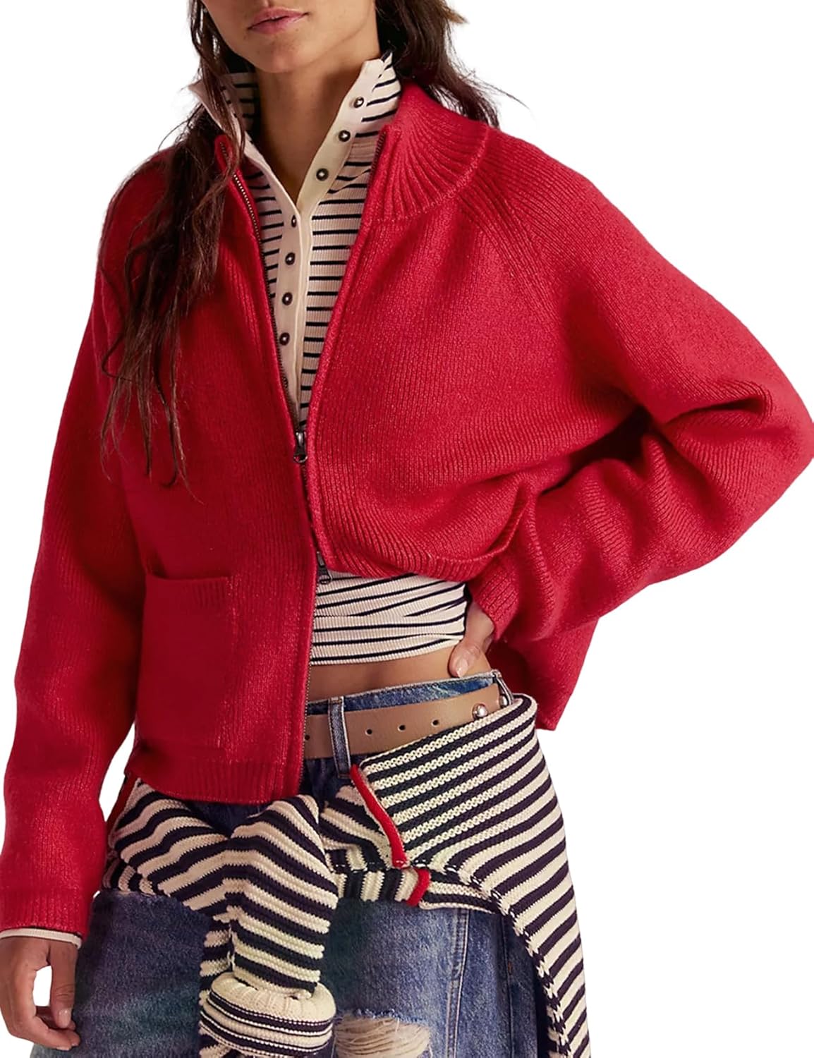 Wyeysyt Womens Cardigan Sweaters Zip Up Mock Neck Chunky Knit Cardigan Long Sleeve Cropped Fall Winter Knitwear