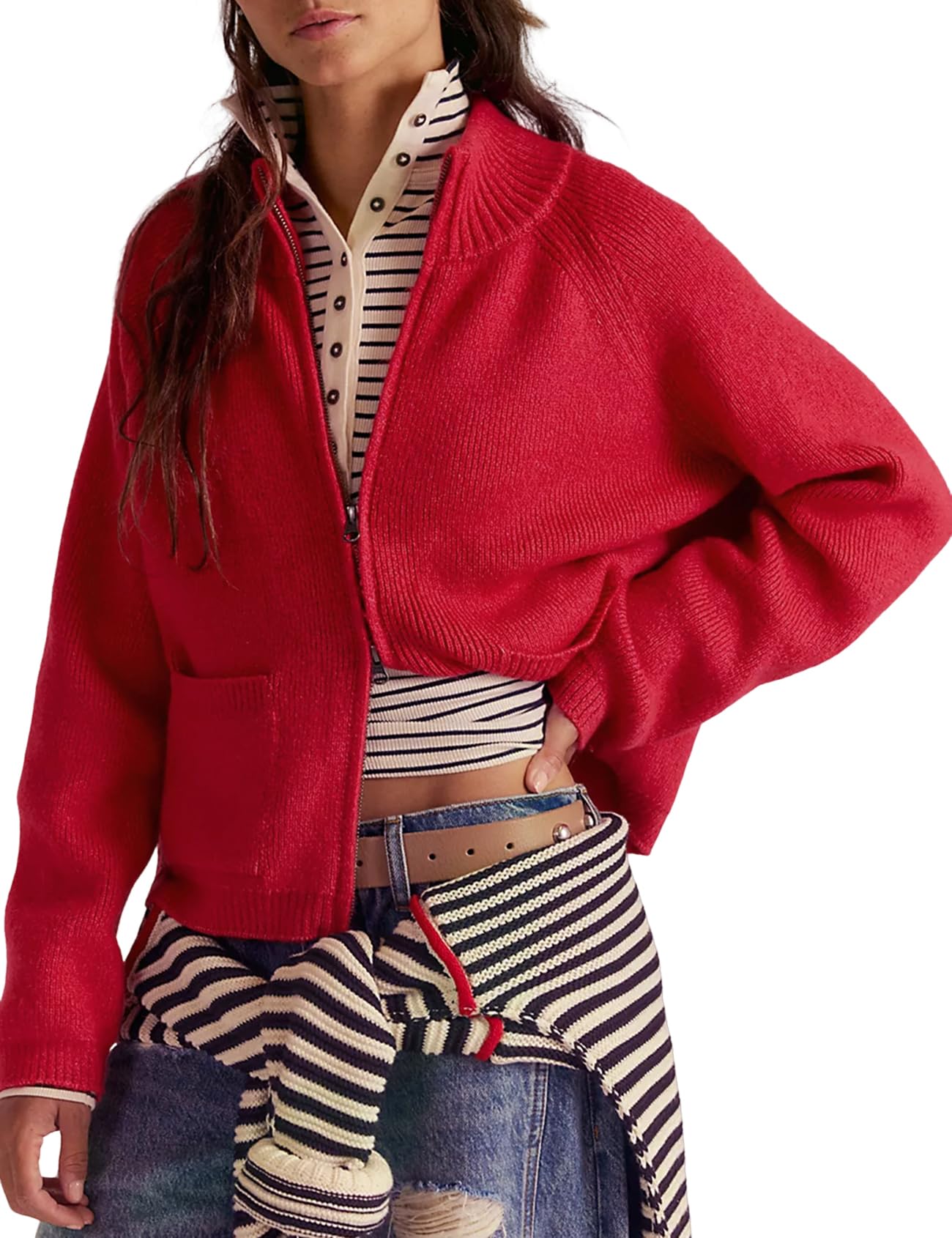 Wyeysyt Womens Cardigan Sweaters Zip Up Mock Neck Chunky Knit Cardigan Long Sleeve Cropped Fall Winter Knitwear