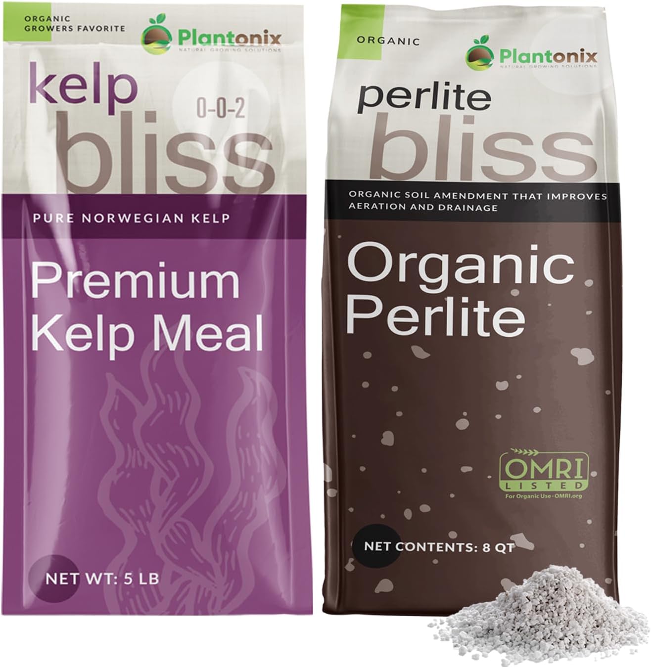 Perlite Bliss (8 Qts) + Kelp Bliss (5lbs) - Organic Perlite for Plants & Kelp Meal Fertilizer - Horticultural Perlite for Gardening - Kelp Fertilizer for Plants - Garden Soil & Potting Soil Mix