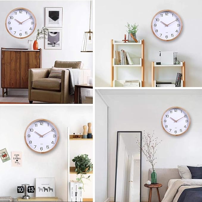 Reloj de pared Kesin 12 pulgadas redondo de madera blanco analógico silencioso miniatura 6