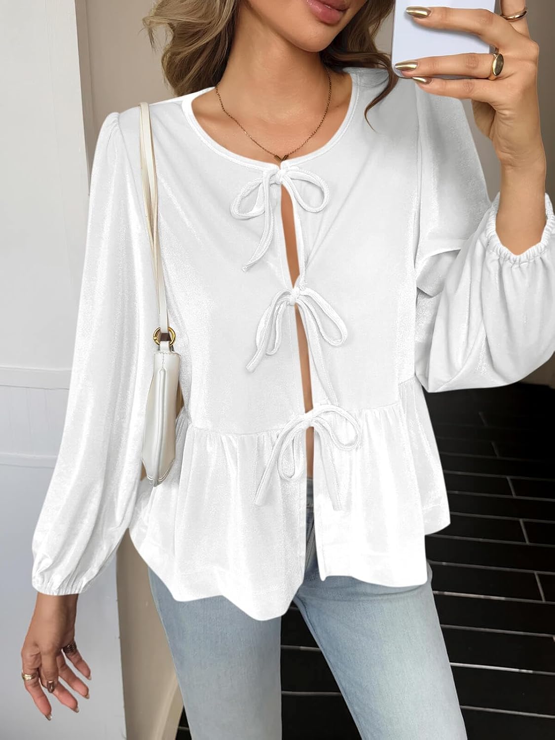 Cicy Bell Womens Cute Tie Front Peplum Velvet Tops Puff Long Sleeve Babydoll Shirts Casual Blouses 2025 Fall Outfits - Image 2