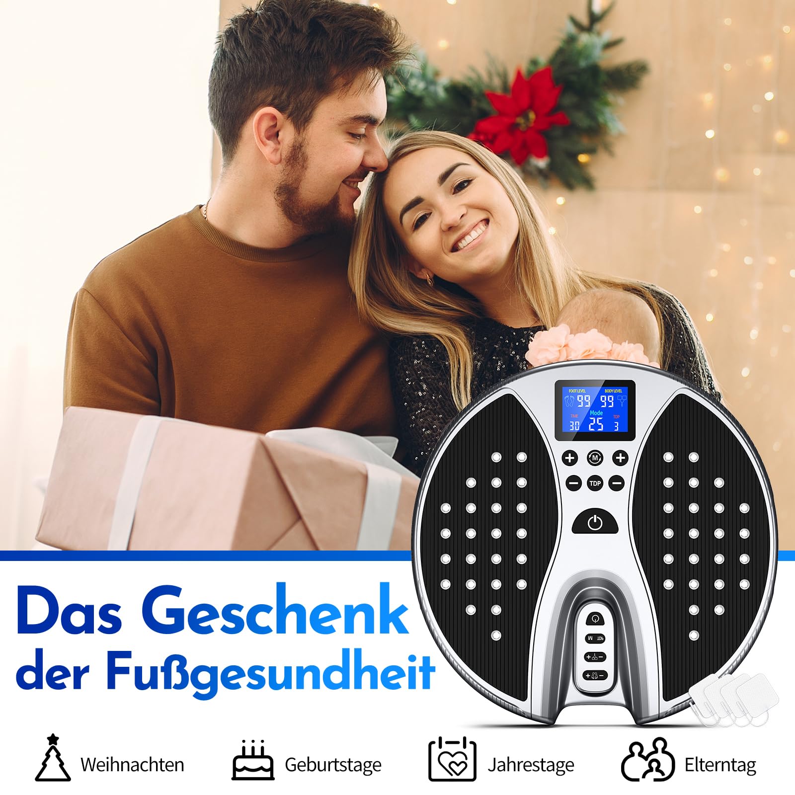 Durchblutungs-Stimulator Füße Beine, EMS Fußmassagegerät mit Rotlichttherapie 25 Modi und 99 Intensitäten zur Verbesserung der Durchblutung, Elektrische FußMassagegeräte mit TENS Elektrodenpads