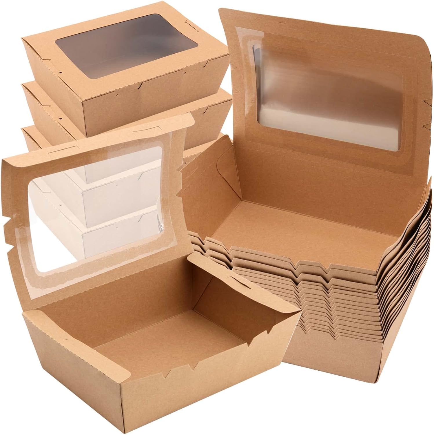 SEUNMUK 50 Pack 70 oz / 2100 ml Kraft Food Boxes with Window, 7.9x5.5x2 Inch Disposable Kraft Food Container, Take Out Food Containers, Lunch Meal Box for Restaurant, Catering and Party