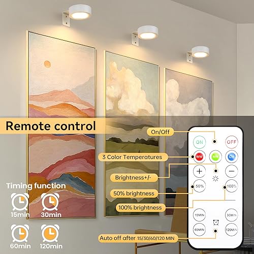 Miniatura 30 de Paquete de 2 luces de imagen a pilas con control remoto, luces de pintura LED, luz regulable y temporizador, luz de exhibición de arte para marcos