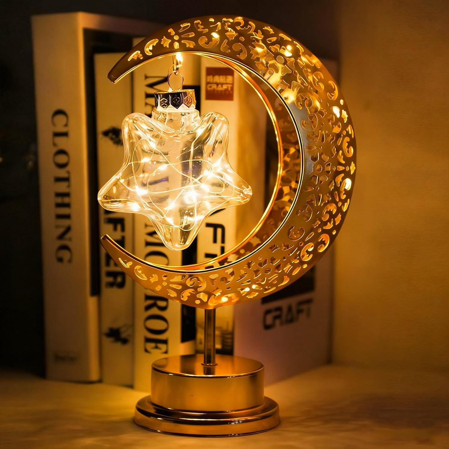 Gold Moon Table Night Light with Hanging Star Ramadan Decorative Lamp Battery Operated Suitable for Home Bedroom Shop Dining Table Holiday Party Eid Festival Decoration