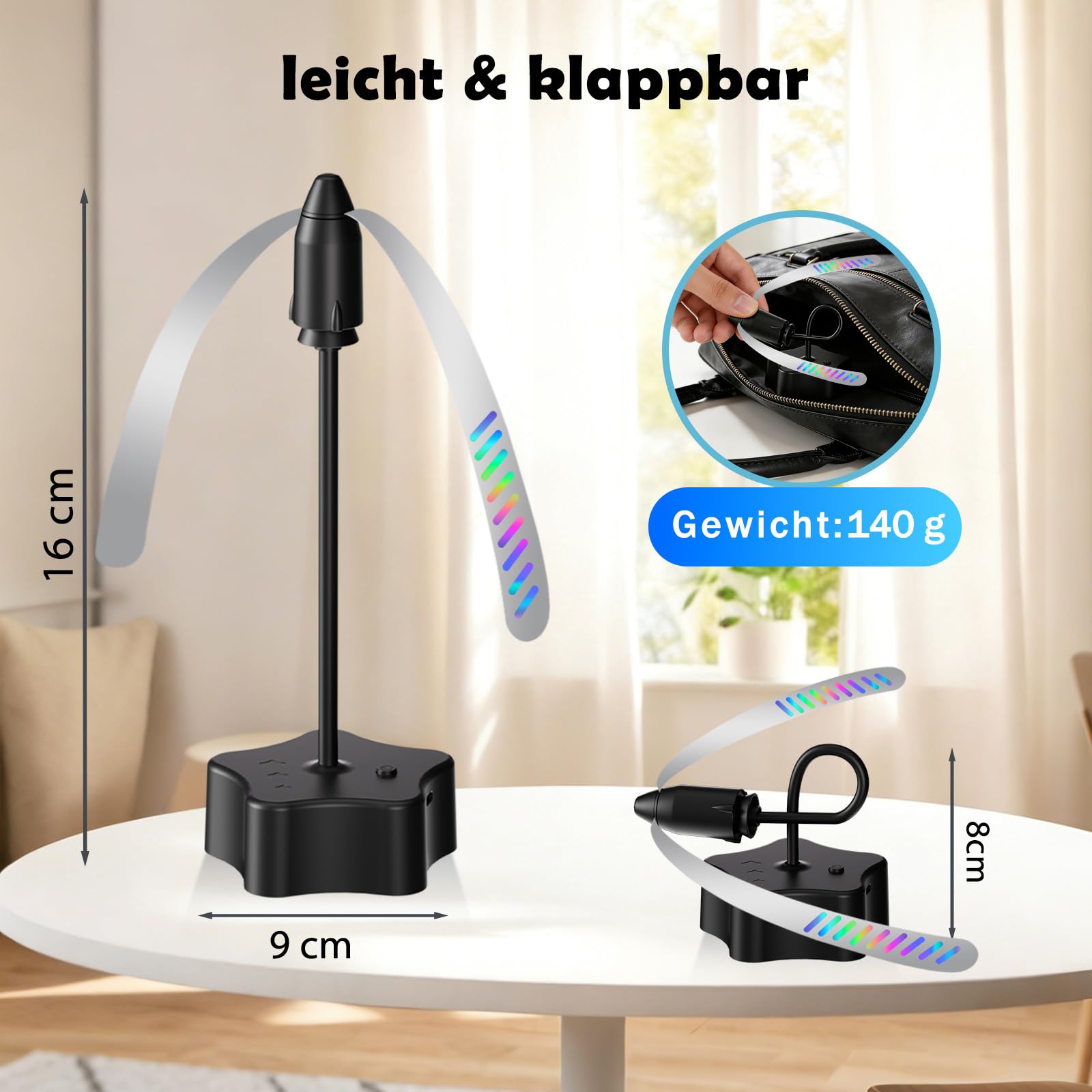 4er Fliegenwedler, USB-C aufladbar Fliegenfächer für Tische, tragbarer Fliegenabwehr Ventilator mit holografischen Reflexflügeln, leiser Fliegenvertreiber für Innen und Außen, Grillen, Picknick