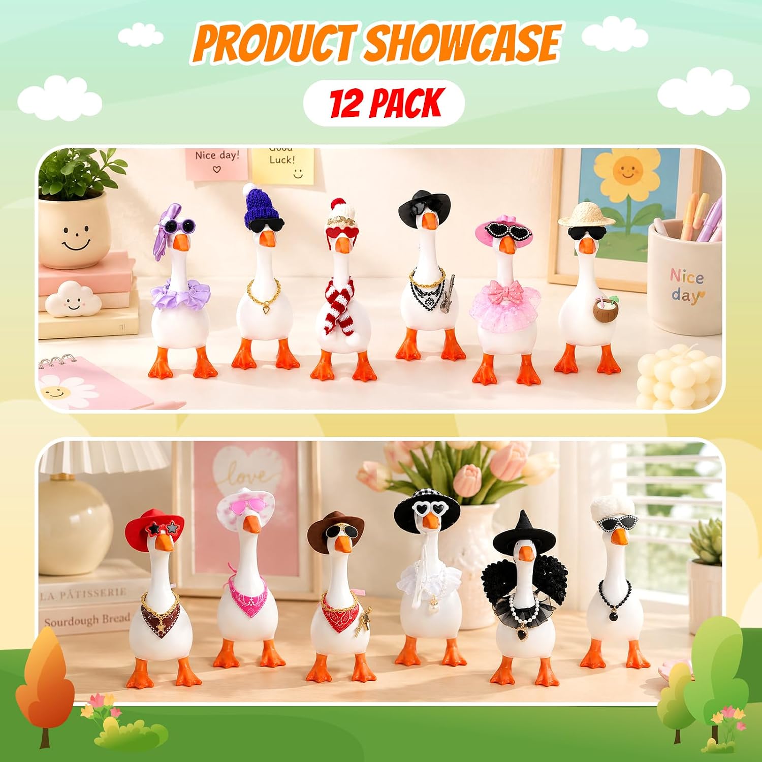 NUOLAN 12 Set 7inch Desk Goose Outfits, Festival Cool Mini Desktop Goose Clothes with Accessories for Magnetic Goose Statue Office and Home Table image 3