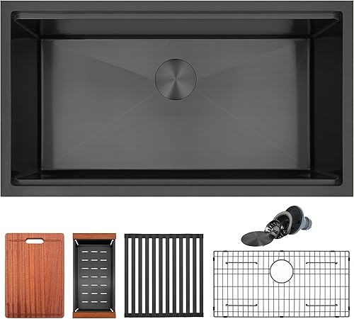 Miniatura 135 de Fregadero de cocina negro de 33 pulgadas, fregadero de acero inoxidable calibre 16, fregadero de estación de trabajo de un solo tazón con reborde