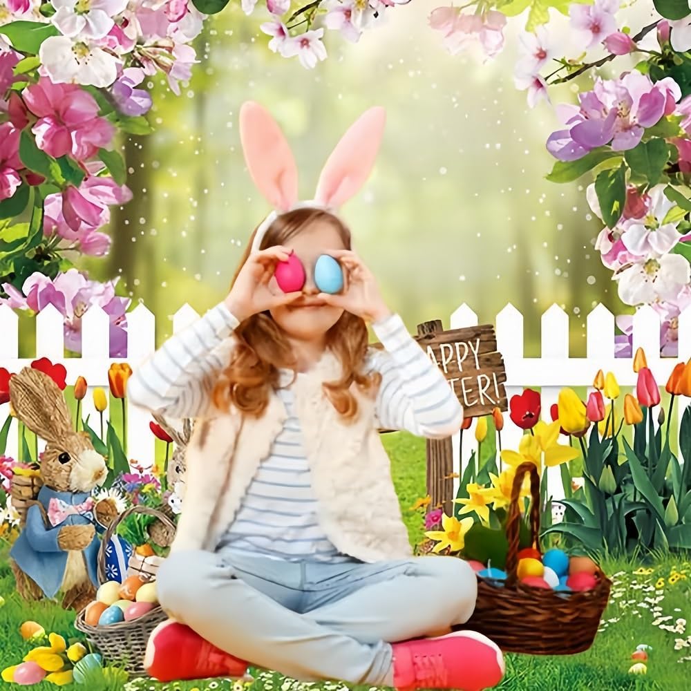 INRUI Spring Easter Garden Photography Backdrop Rabbit Colorful Eggs Green Grass Lawn Pink Floral Fence Wall Baby Shower Birthday Birthday Party Decorations Banner (5x7FT)