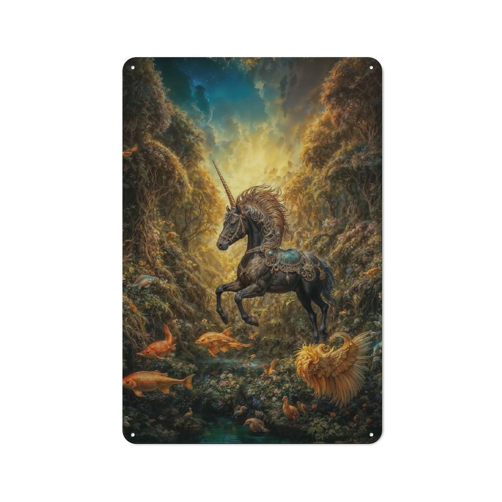 Junmoney Black Unicorn In Enchanted Forest Industrial Metal Sign 30X20cm, Modern Retro Loft Wall Plaque For Workspace, Cafe, Hallway Or Garage