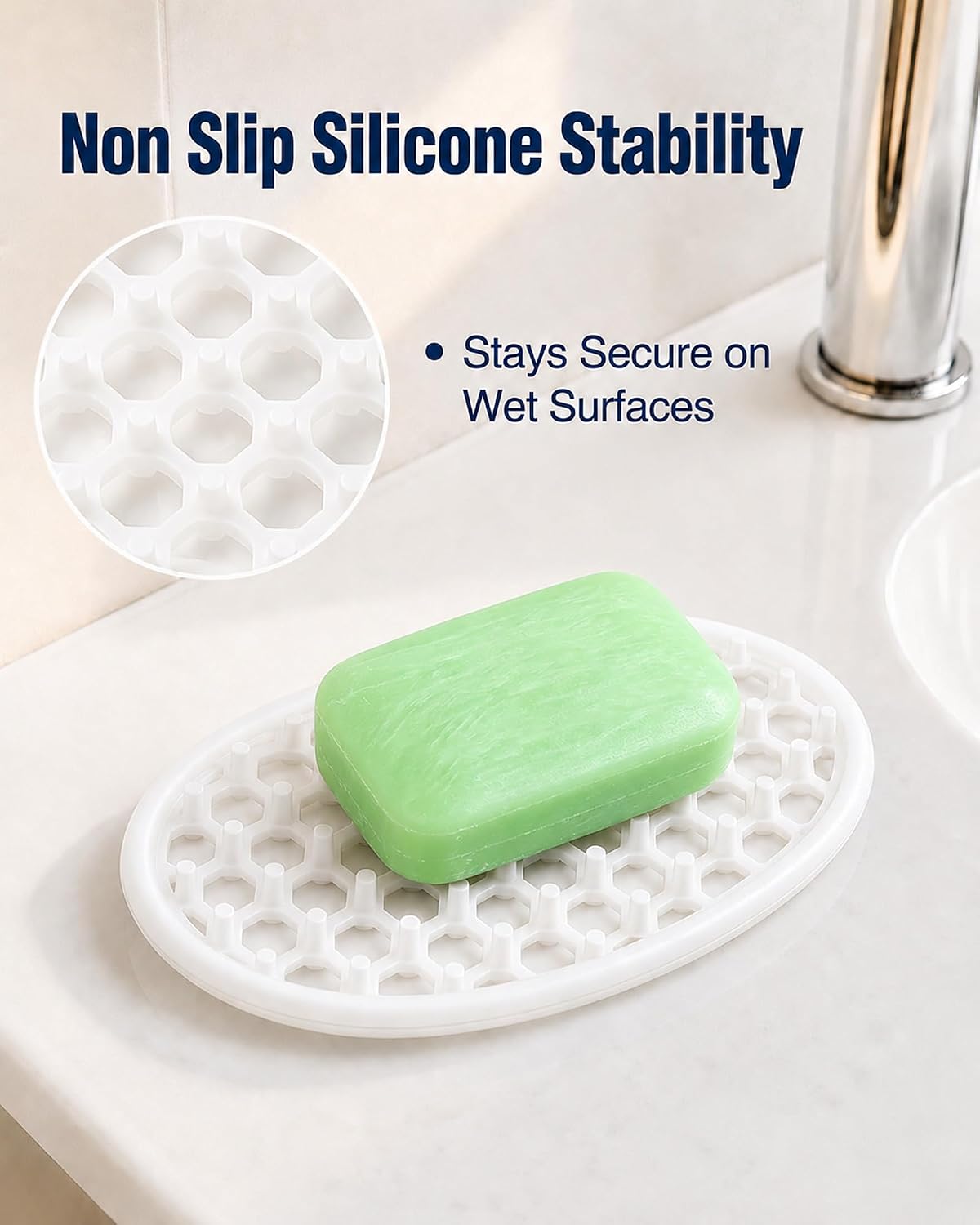 OTHIX 3 Pack Silicone Soap Dish for Shower, Self Draining Bar Soap Holder with Hollow Drainage Design, Non Slip Soap Saver Tray for Bathroom Sink, Kitchen Counter, Bathtub, Shower Shelf (Translucent) image 3