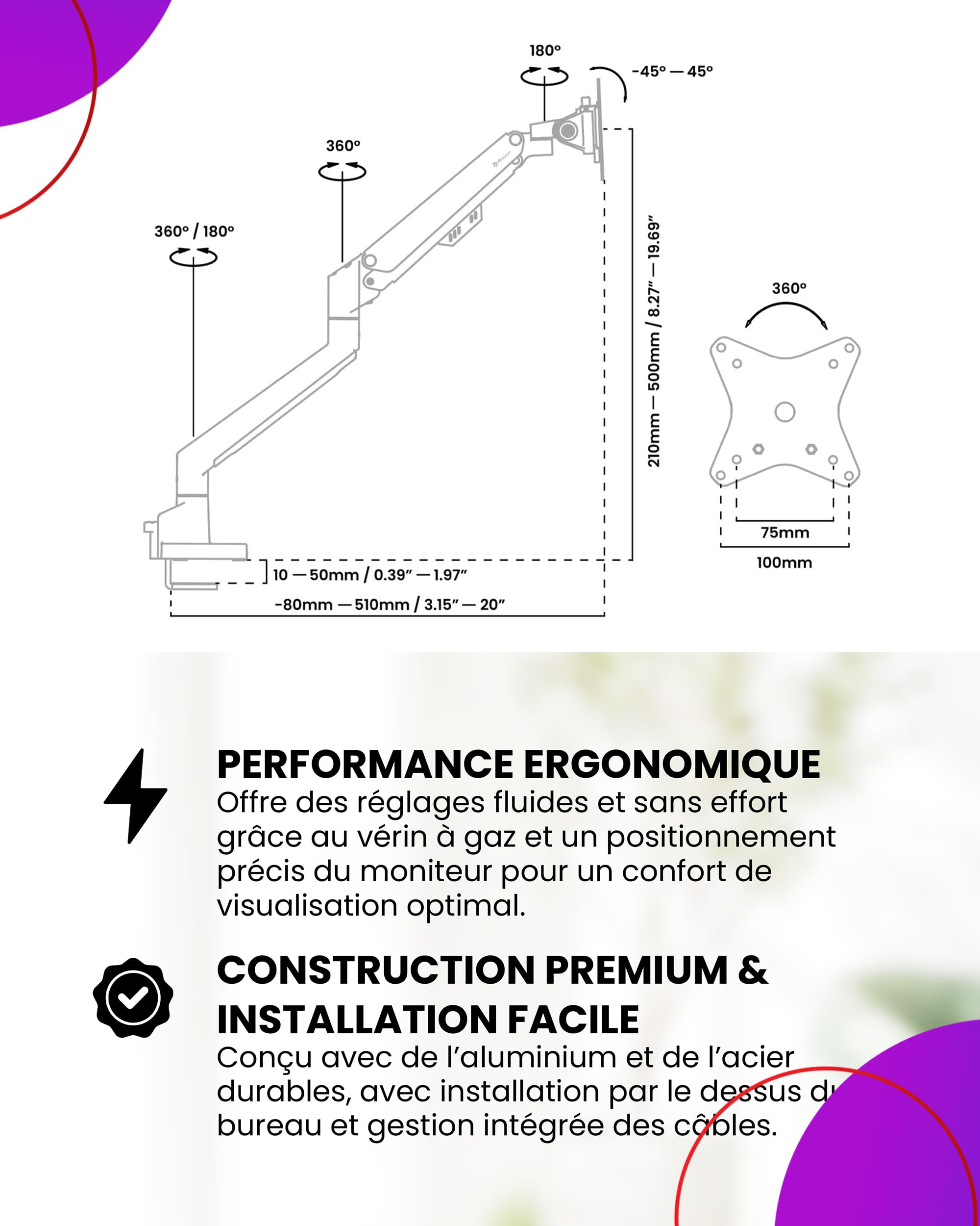 Arozzi Alzare Neo Single Bras Moniteur Ressort à Gaz - Pleine Mobilité, Hauteur Réglable 21–50 cm, VESA 75/100, Gestion des Câbles - Pince de Bureau & Passe-Câble Inclus - Jusqu'à 9 kg - Violet